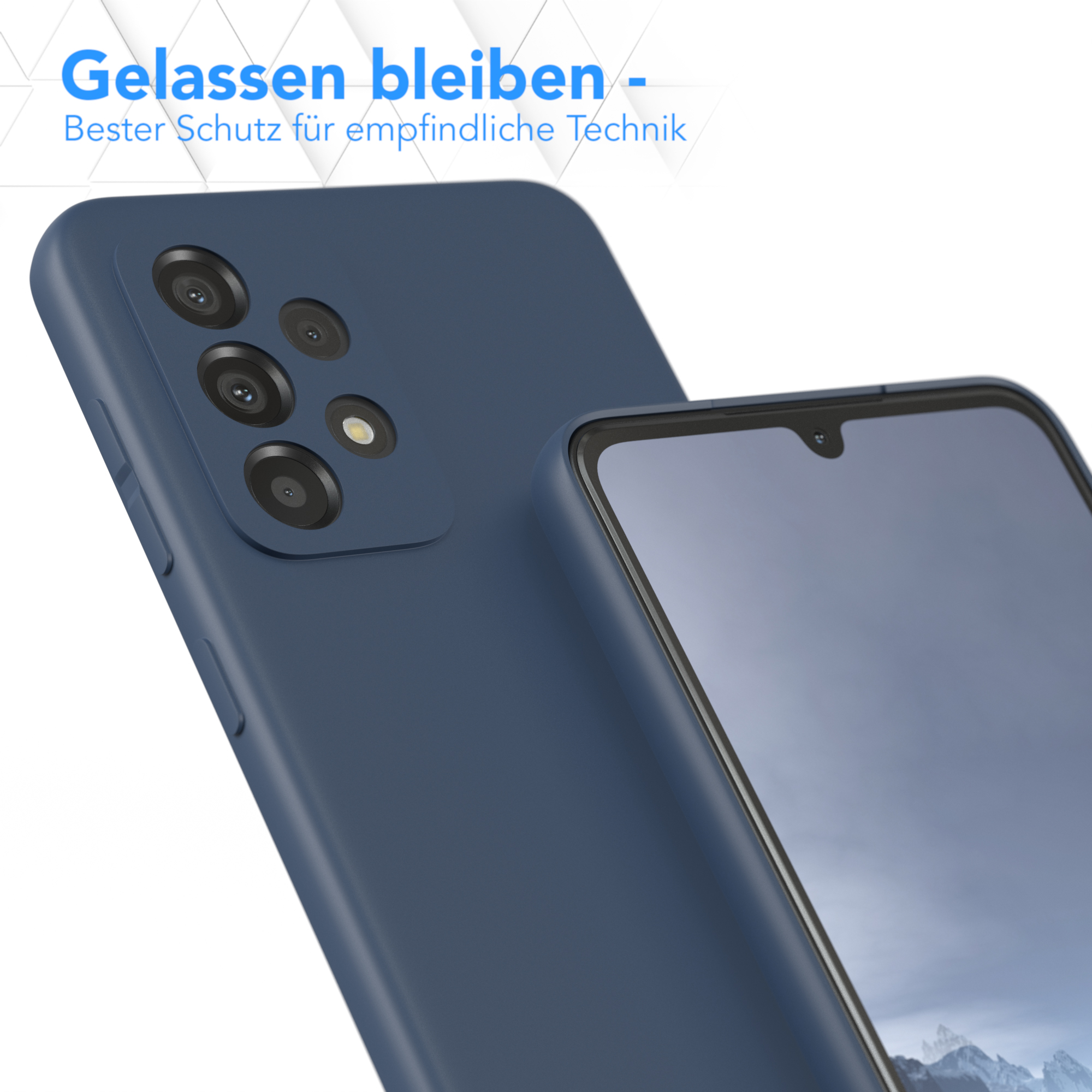 Blaue Handyhülle mit Telefon, Nahaufnahme. Text oben. Weißer Hintergrund.