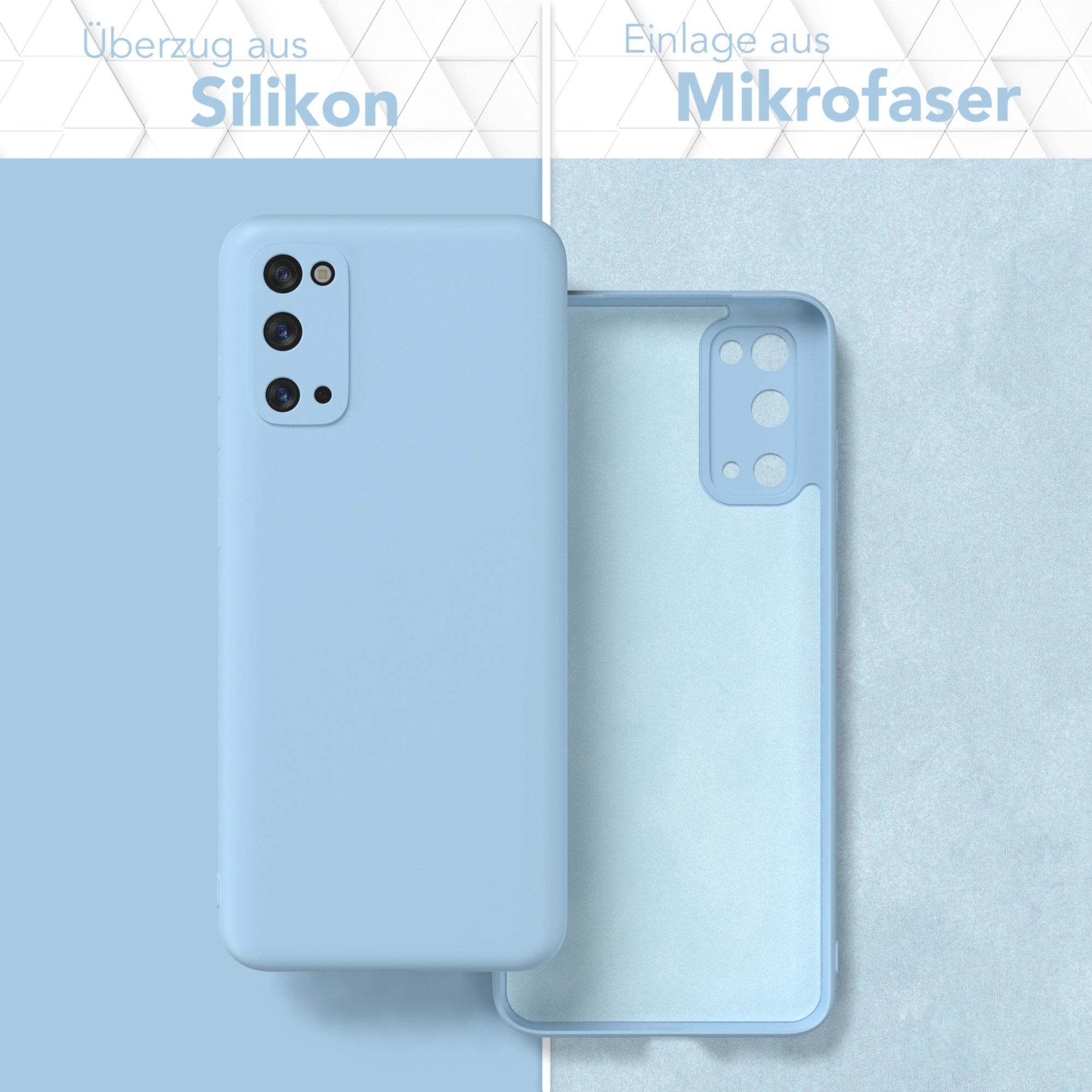 Hellblaue Handyhülle mit Deckel, Textabschnitte auf Deutsch auf blauem Hintergrund.