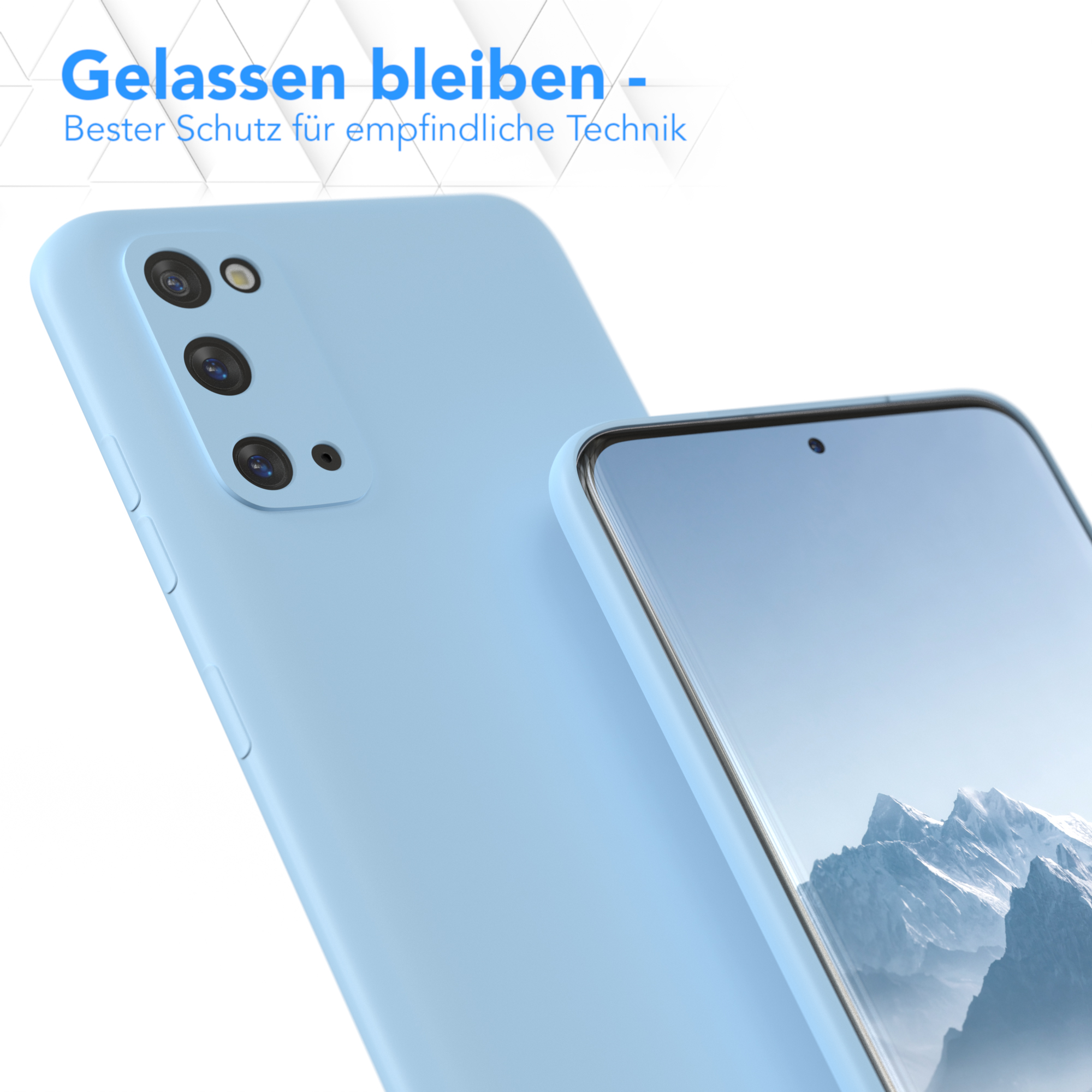 Eine blaue Handyhülle mit einem Handy darin, mit deutschem Text.