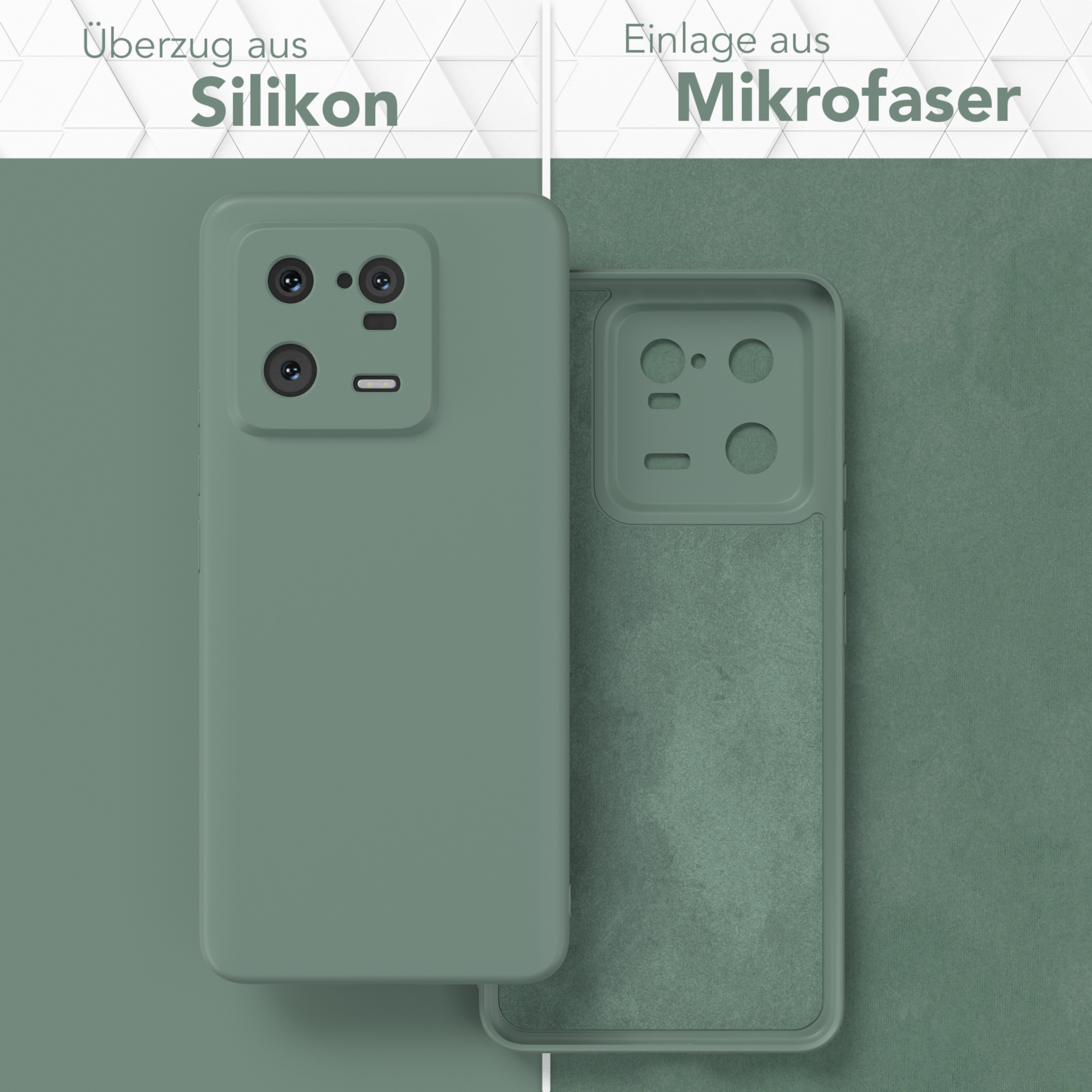 Handyhülle mit Silikonhülle und Mikrofaser-Einsatz. Die Hülle ist grün.