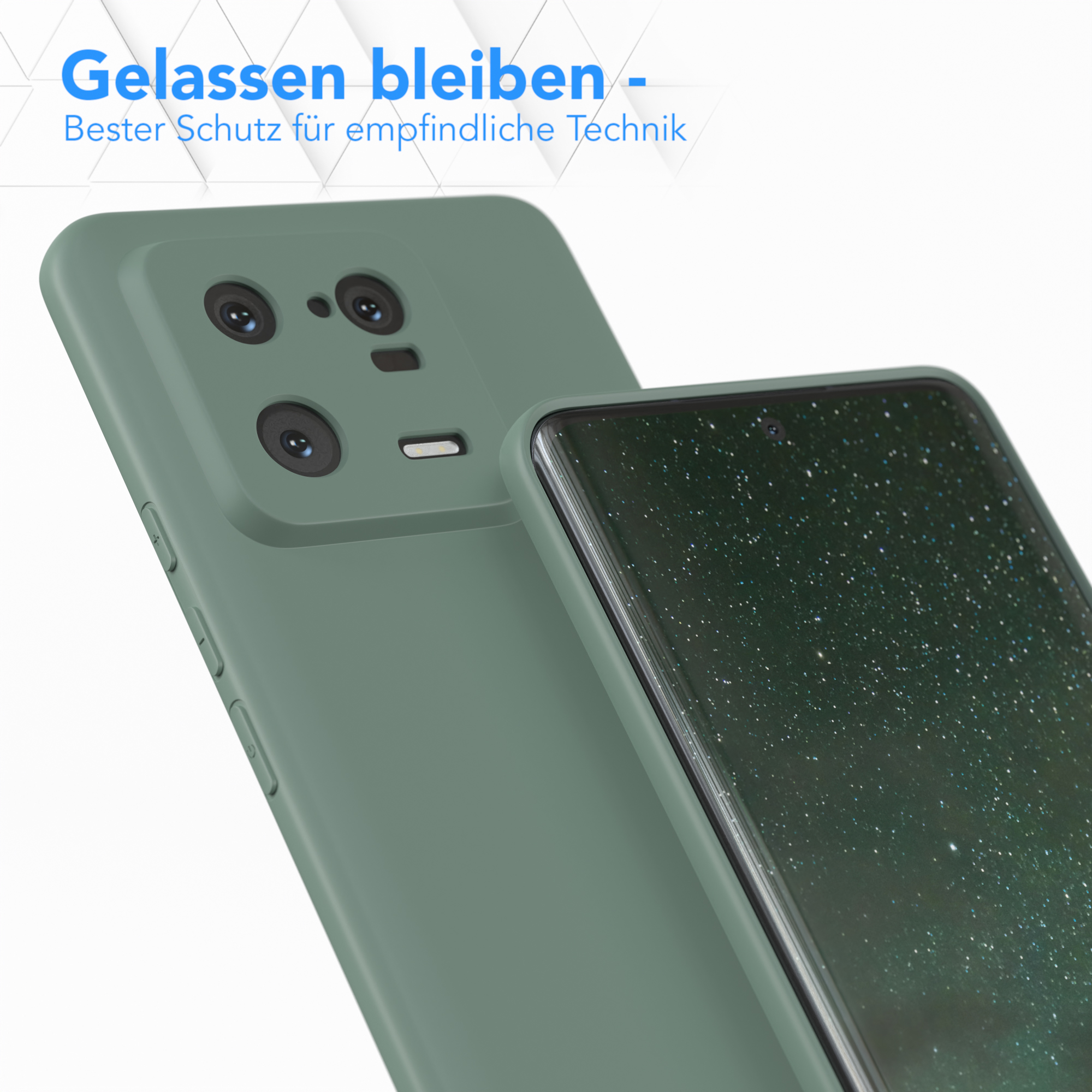 Grüne Handyhülle mit Telefon. Text: Gelassen bleiben - Bester Schutz...