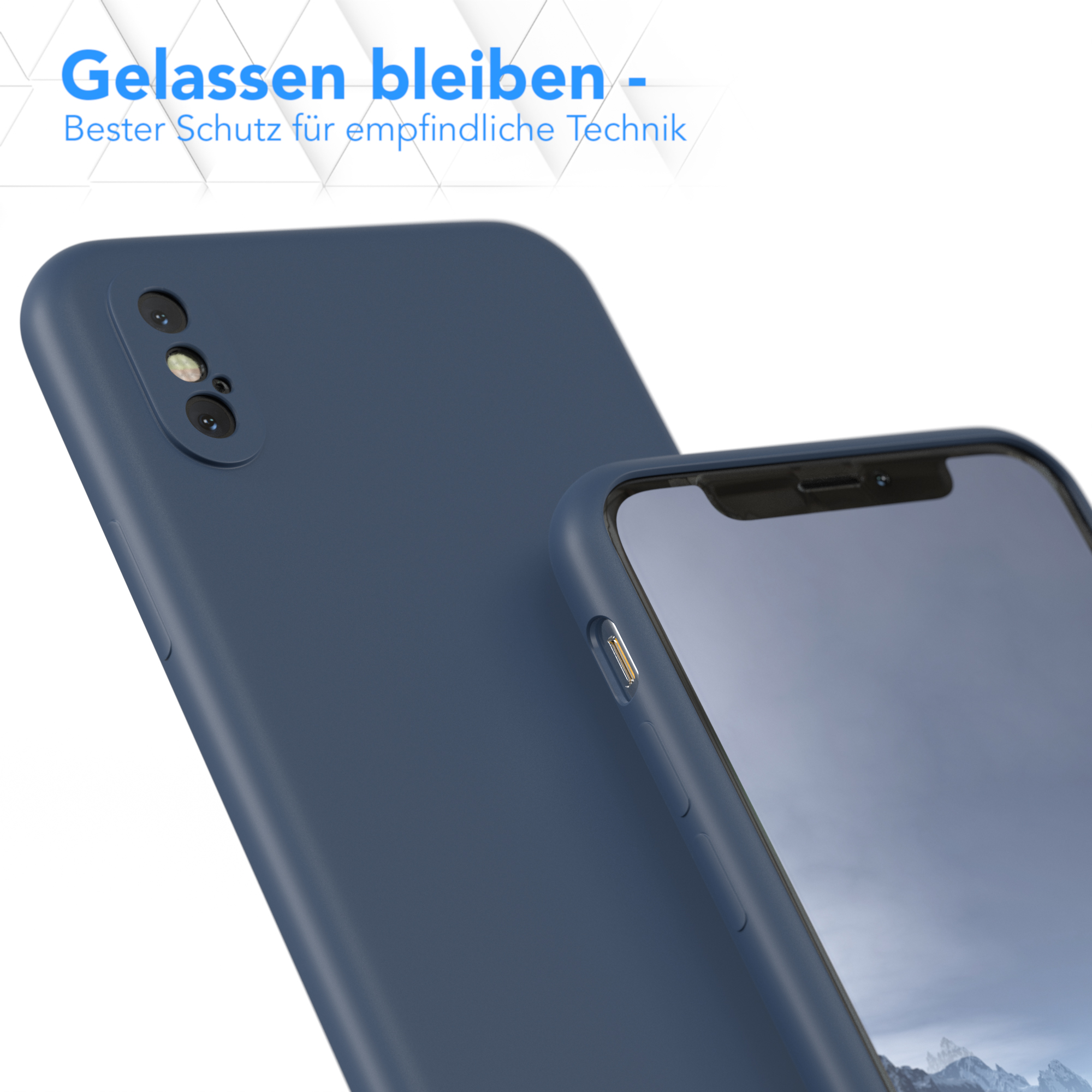 Blaue Handyhülle, mit einem Telefon darin. Weißer Hintergrund.