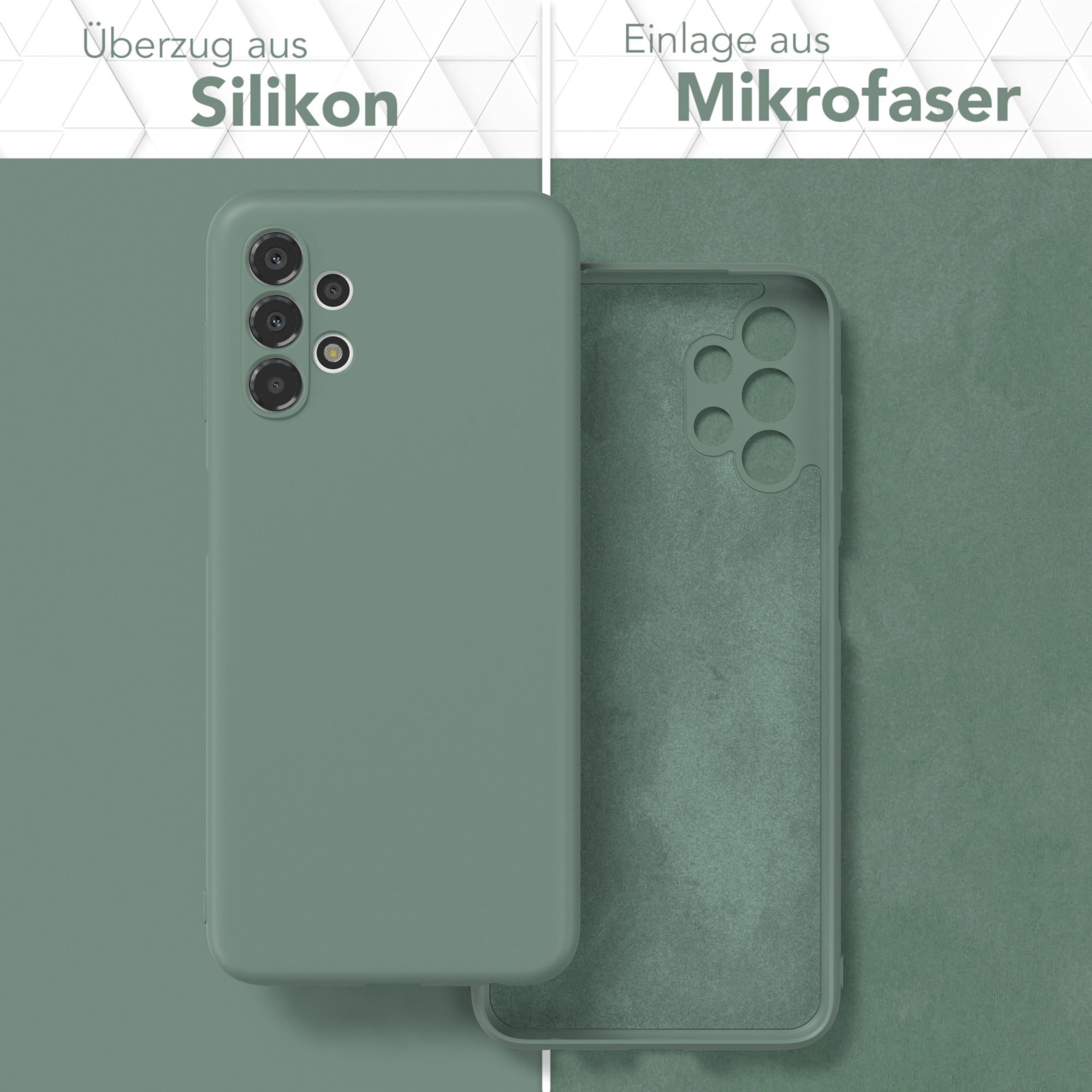Grüne Handyhülle mit äußerer Silikonschicht und innerer Mikrofaser.