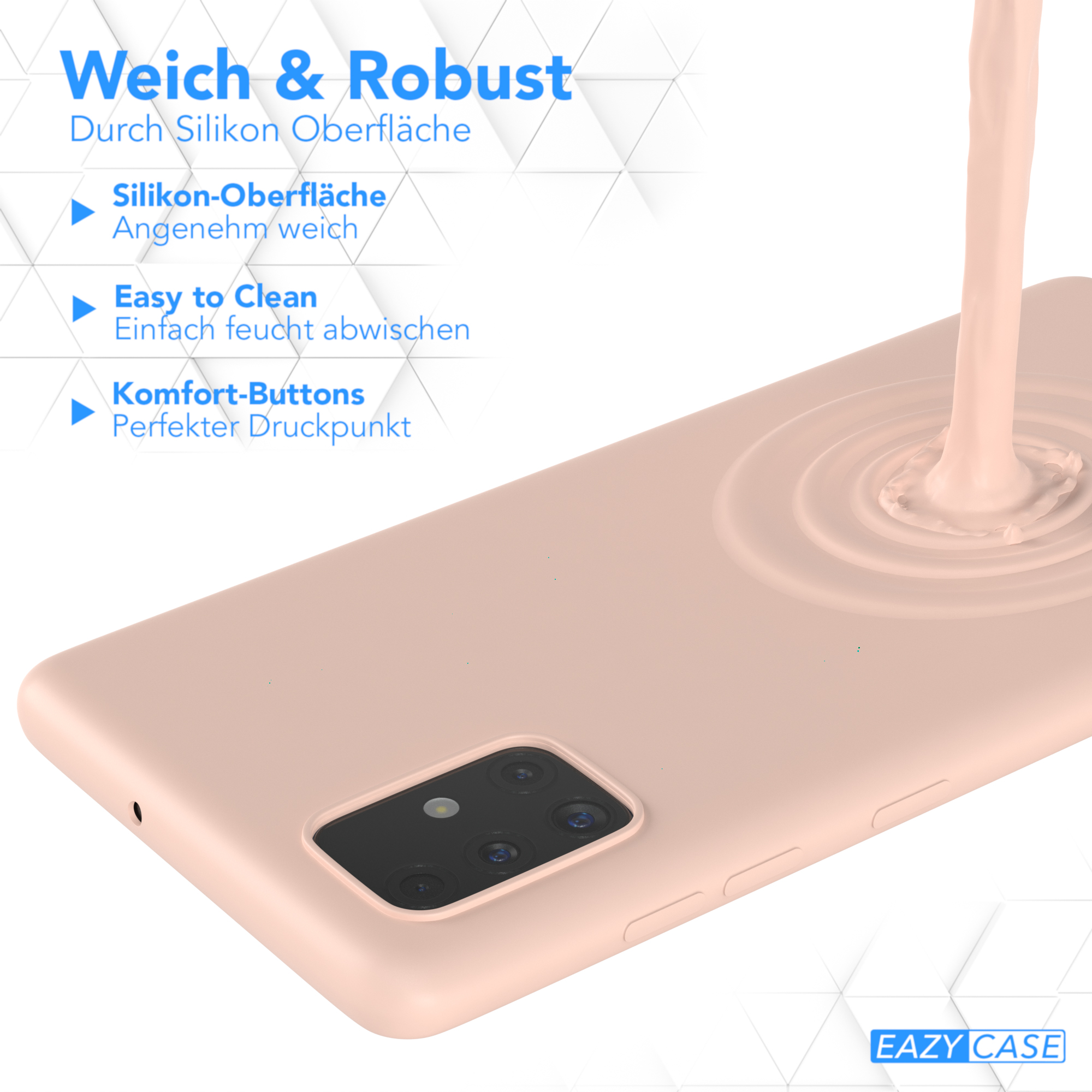 Eine rosa Handyhülle mit einem Spritzer rosa Flüssigkeit. Text: Weich & robust. Silikonoberfläche.