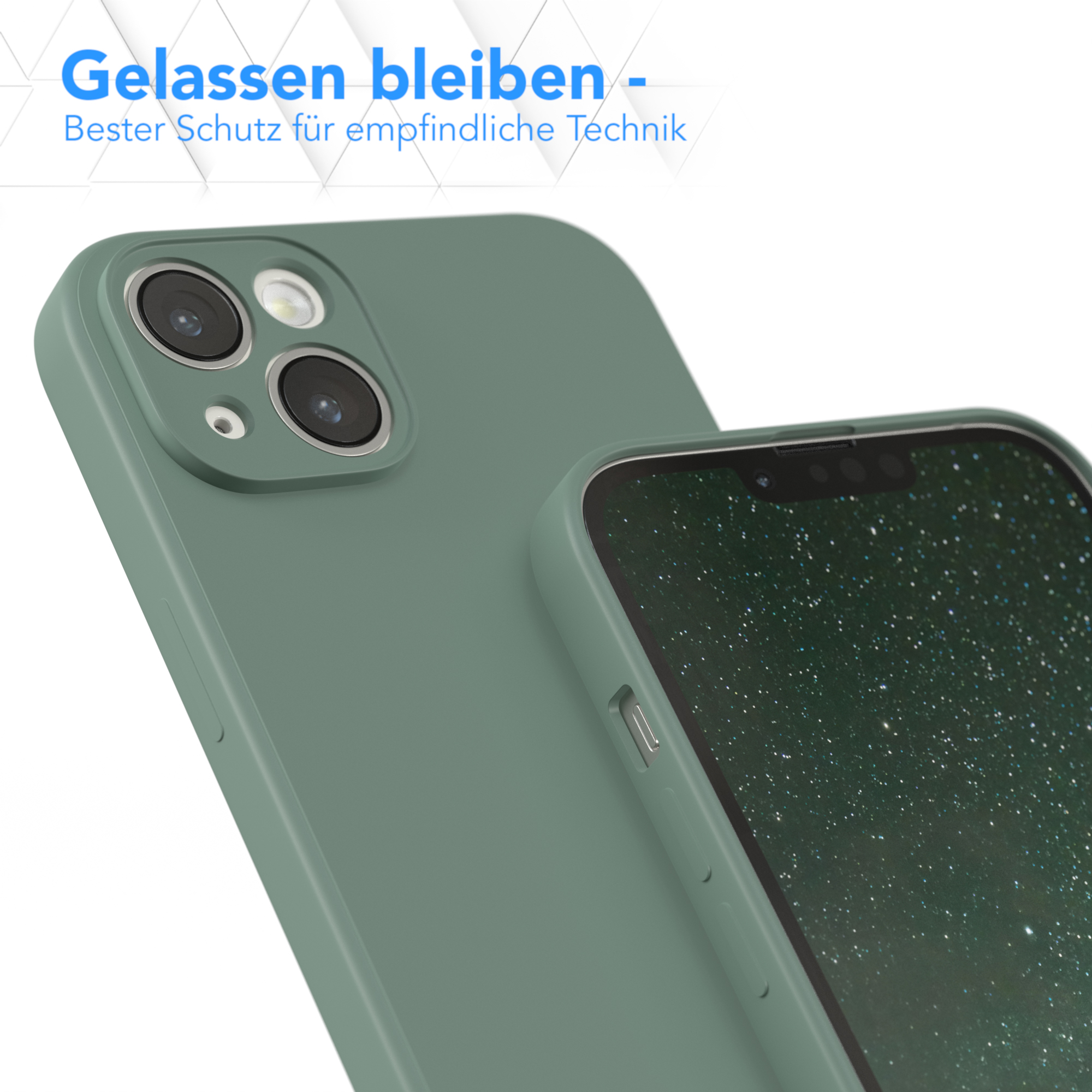 Eine grüne Handyhülle mit einem Telefon darin. Die Hülle befindet sich auf einer weißen Oberfläche.
