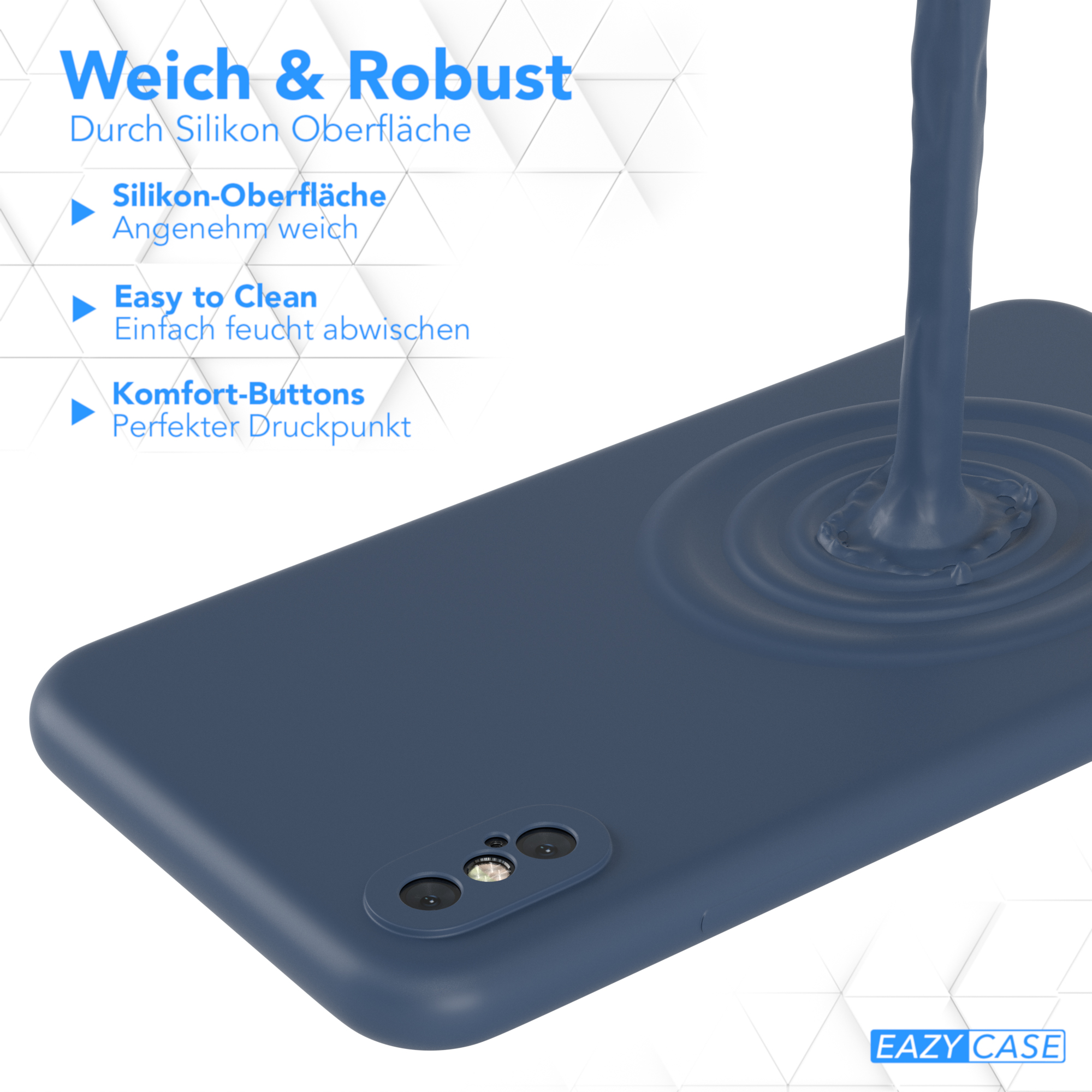 Blaue Handyhülle mit flüssigkeitsähnlichem Design. Text weist auf 'Silikon-Oberfläche' und 'Eazy Case' hin.