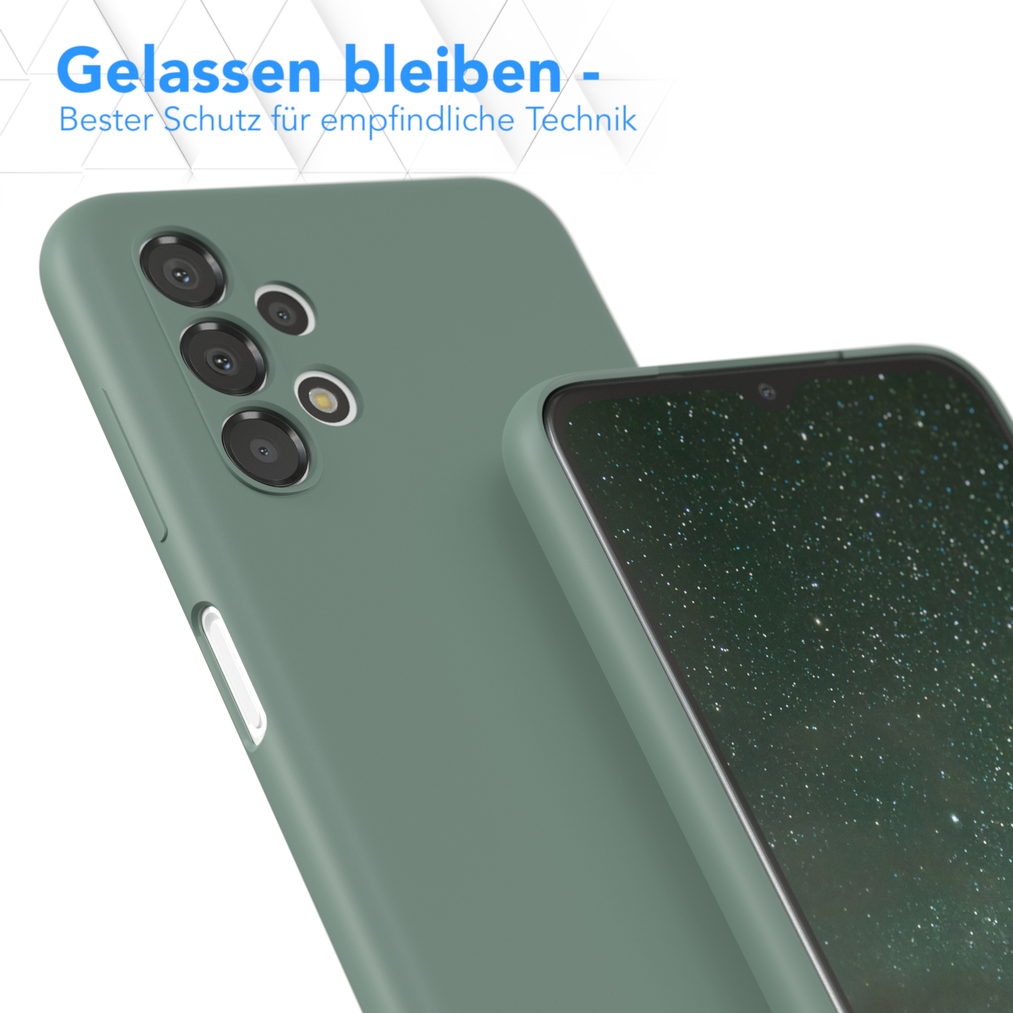 Eine grüne Handyhülle auf grünem Hintergrund, die das Telefon zeigt, mit Schutzdesign.