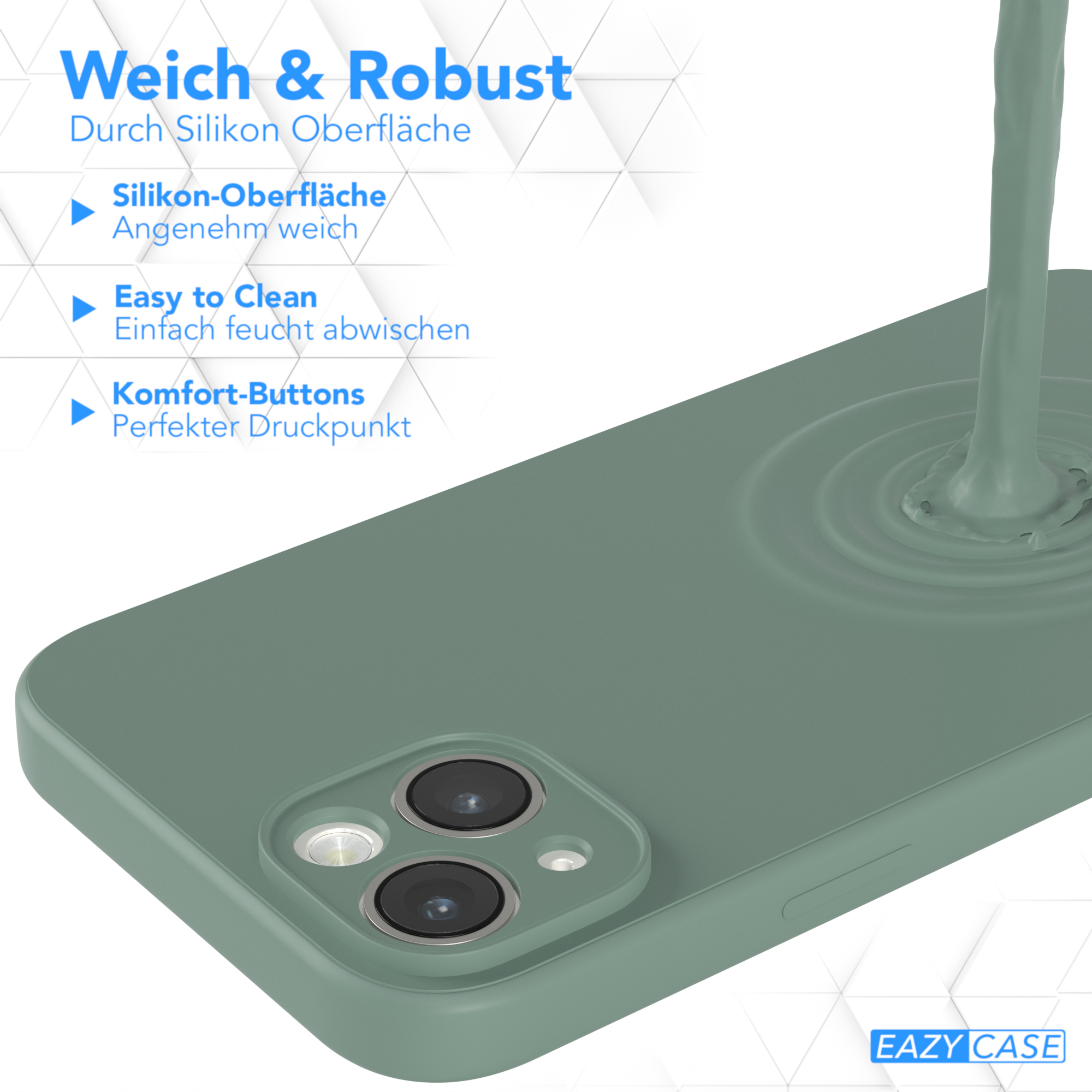 Handyhülle, grün, mit Telefon darin. Text: 'Weich & Robust', 'Easy to Clean'.