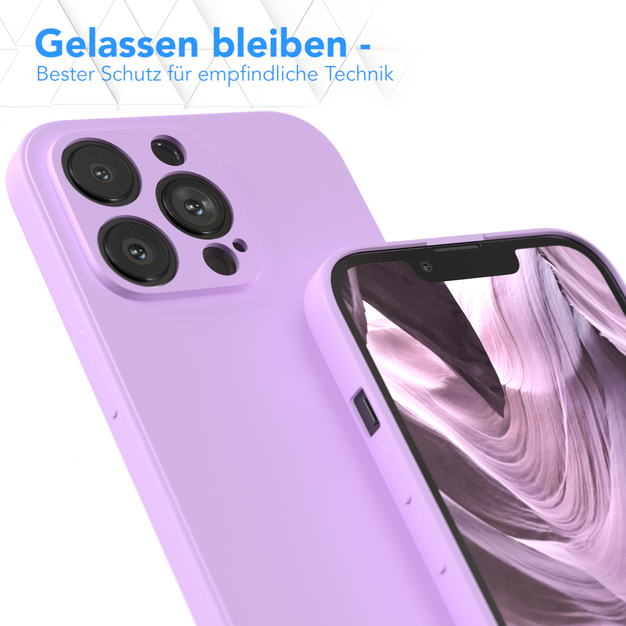 Nahaufnahme einer lila Handyhülle mit Kameraausschnitten. Eine andere Hülle ist im Hintergrund unscharf.