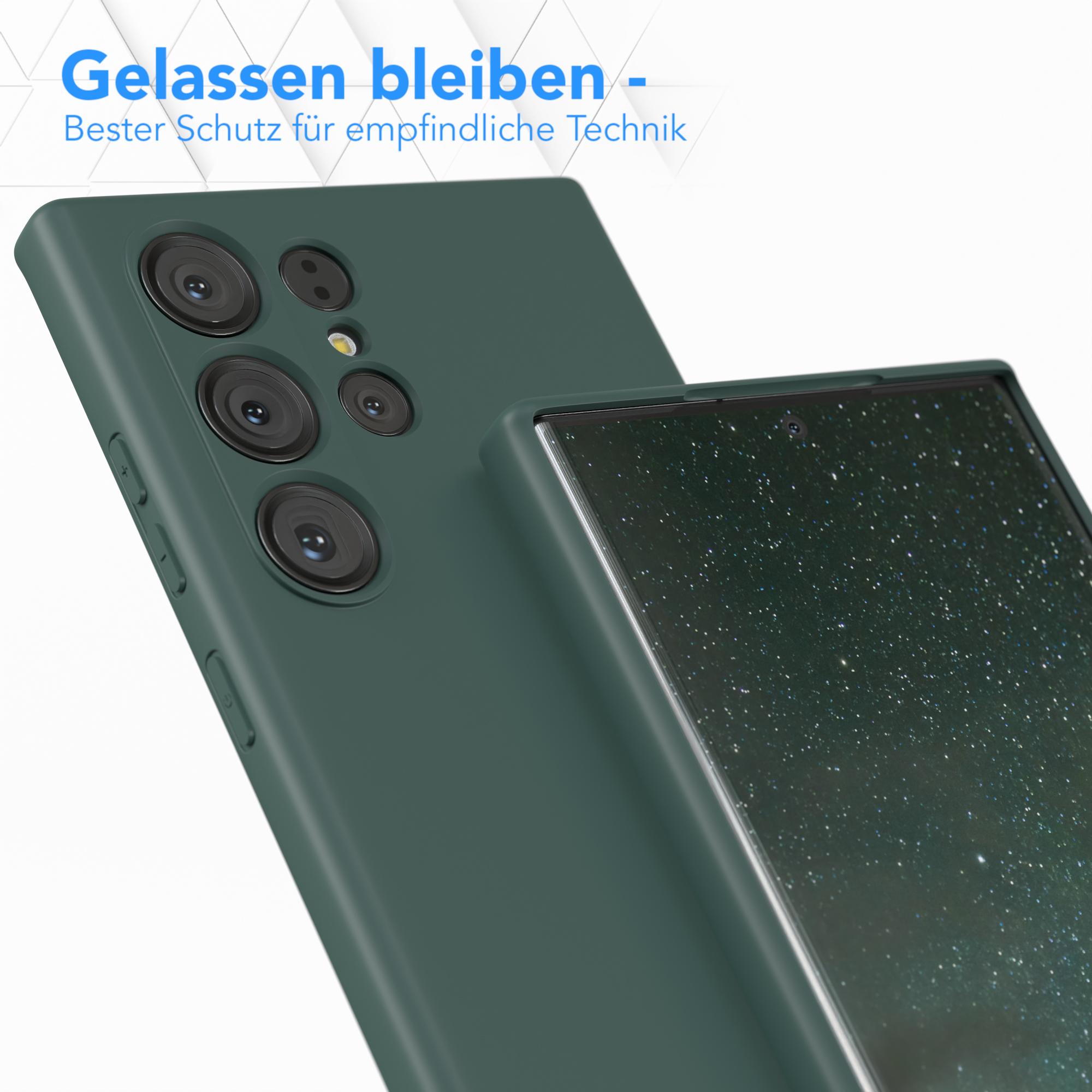 Nahaufnahme einer grünen Handyhülle mit dem Telefon darin.