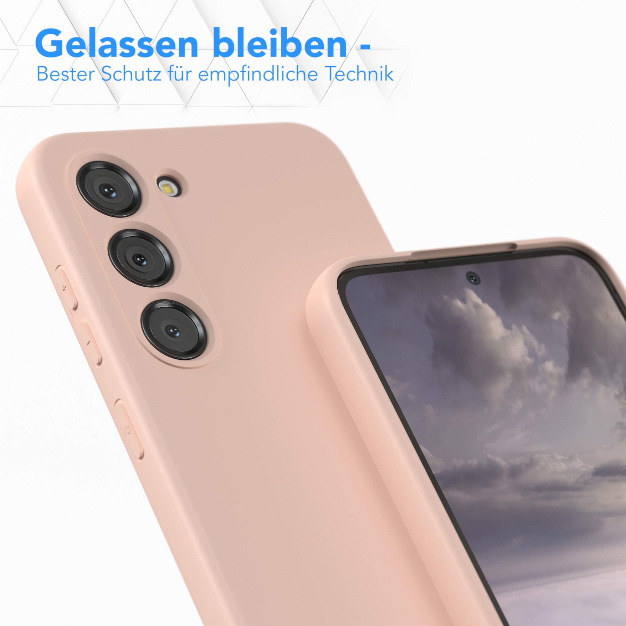 Rosafarbene Handyhülle mit Kameraausschnitten. Eine zweite Handyhülle ist teilweise im Hintergrund sichtbar.