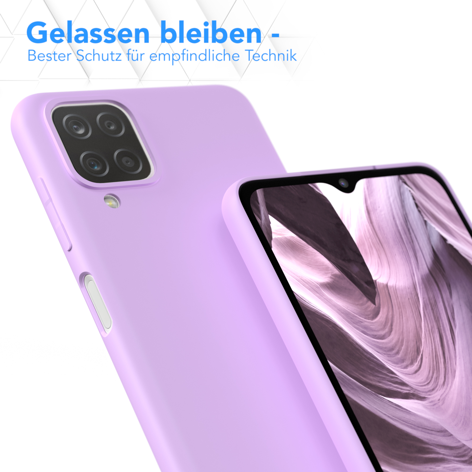 Zwei lavendelfarbene Handyhüllen, eine auf dem Telefon, die andere daneben.