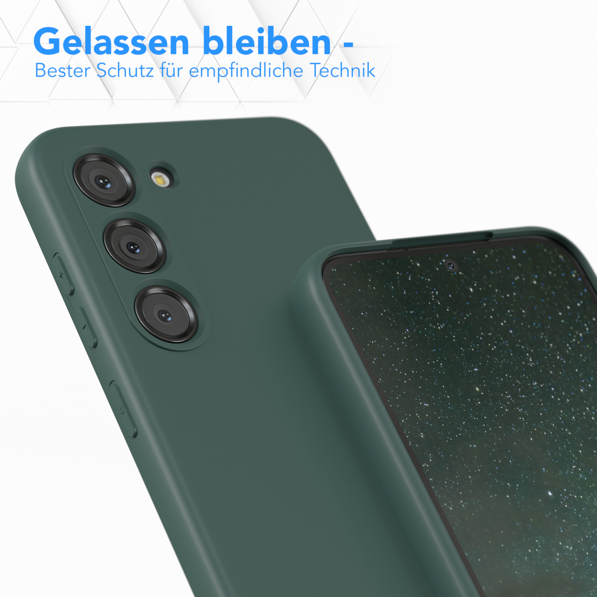 Grüne Handyhülle. Drei Kameralinsen. Weißer Hintergrund.