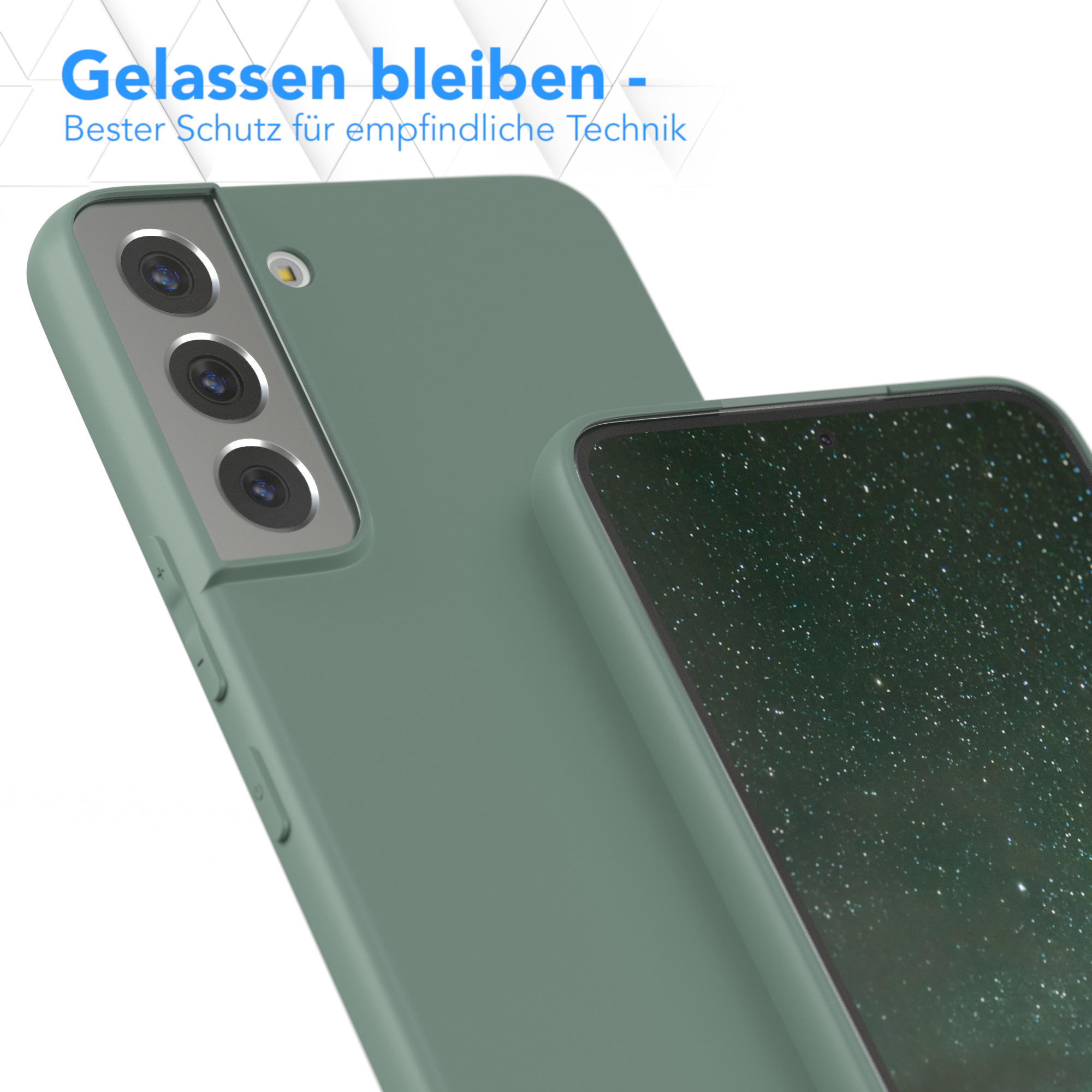 Nahaufnahme einer Handyhülle, mit einem Telefon darin. Die Hülle ist grün. Der Hintergrund ist leicht unscharf.