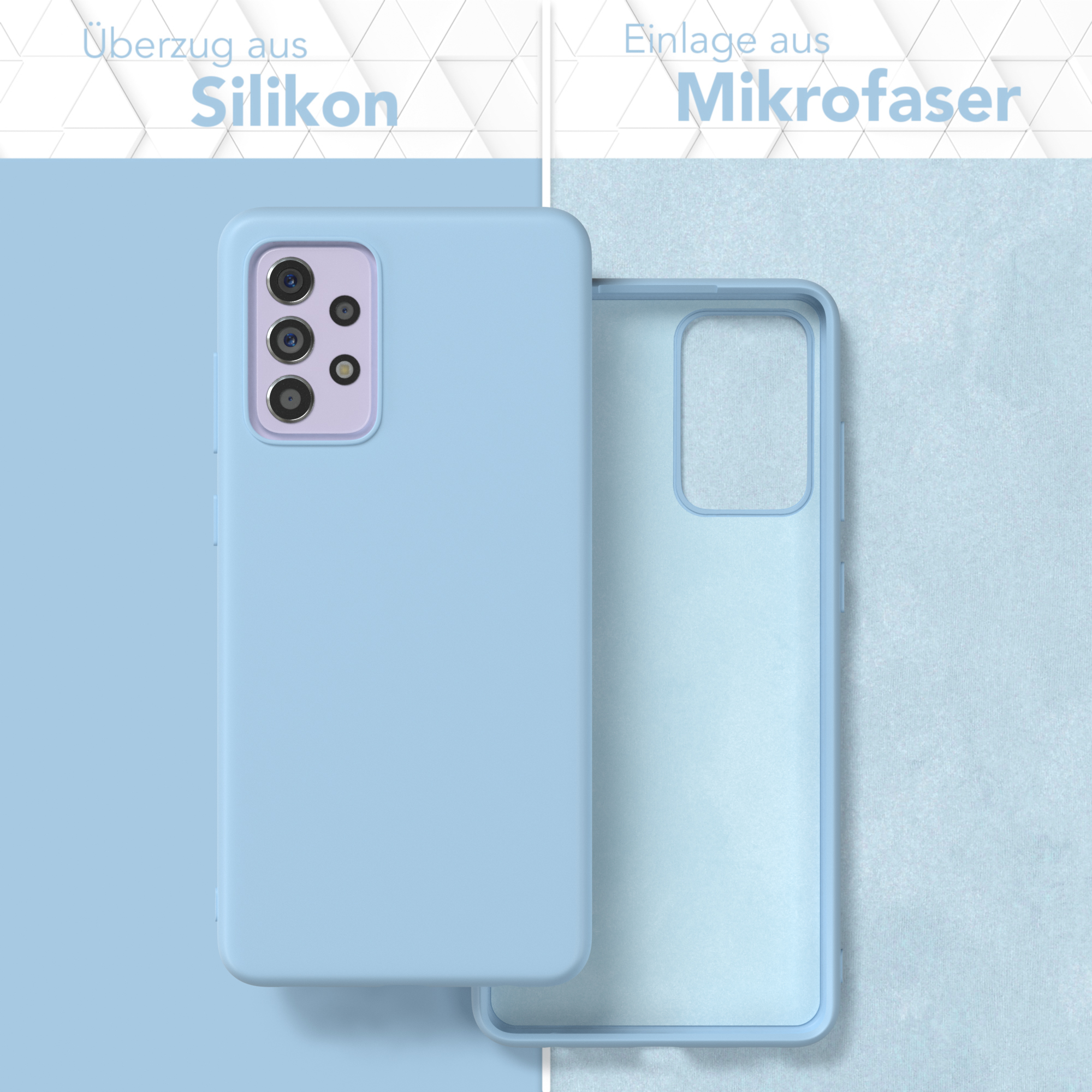 Eine blaue Handyhülle. Die linke Seite zeigt die Hülle an einem Telefon. Die rechte Seite zeigt die offene Hülle.