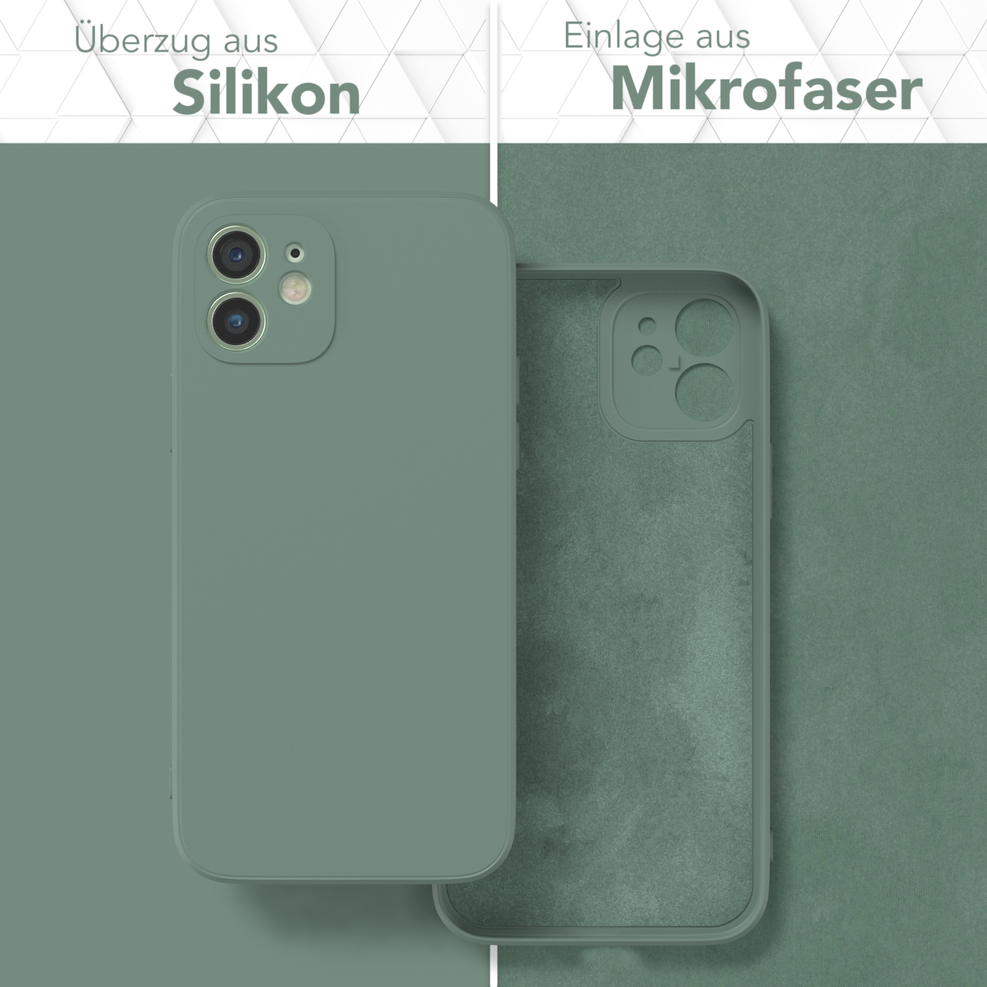 Grüne Handyhülle mit Silikonhülle und Mikrofaser-Einsatz. Die Hülle ist grün.