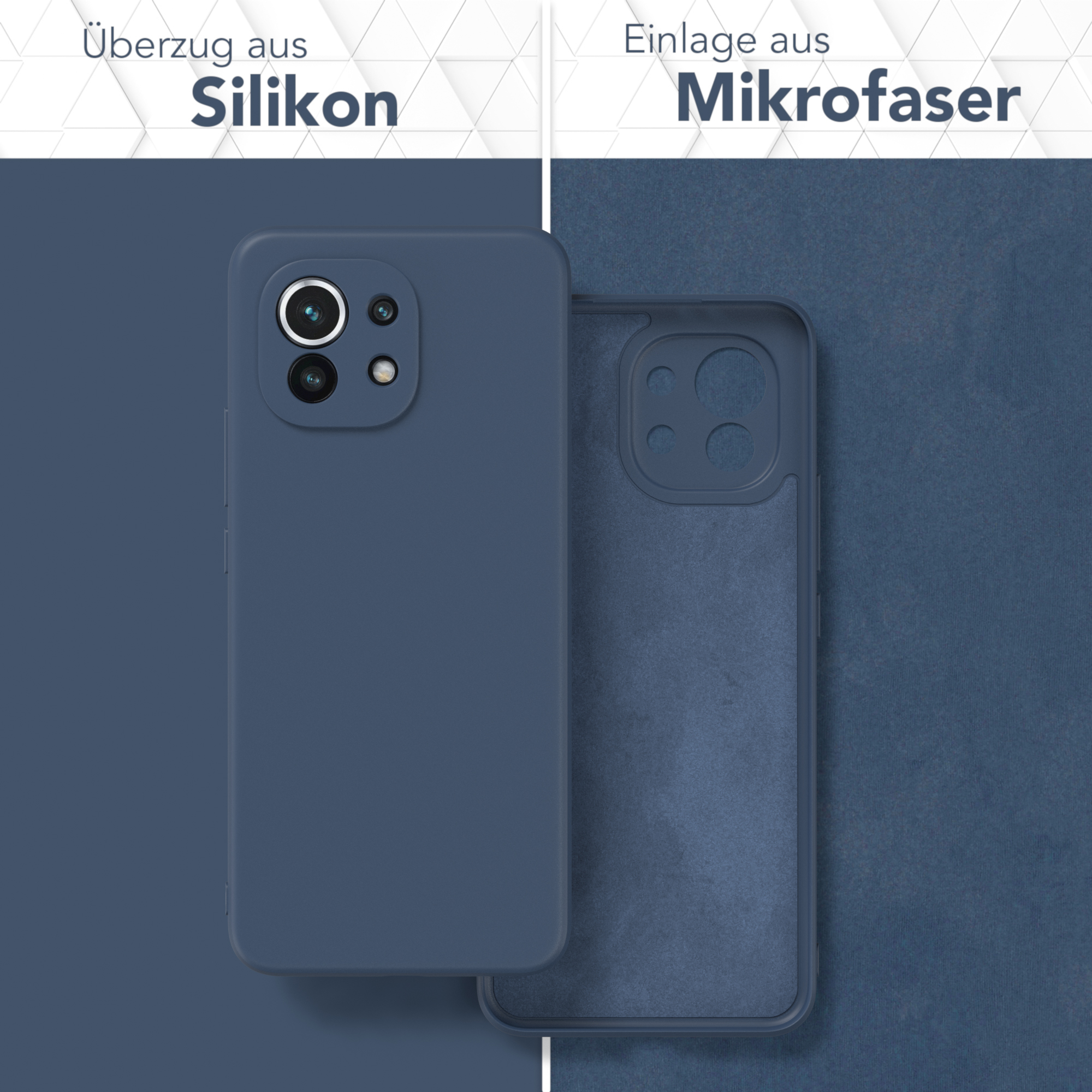 Eine Handyhülle in zwei Teilen. Eines ist blau, zeigt das Telefon. Das andere ist ein blauer Innenraum.