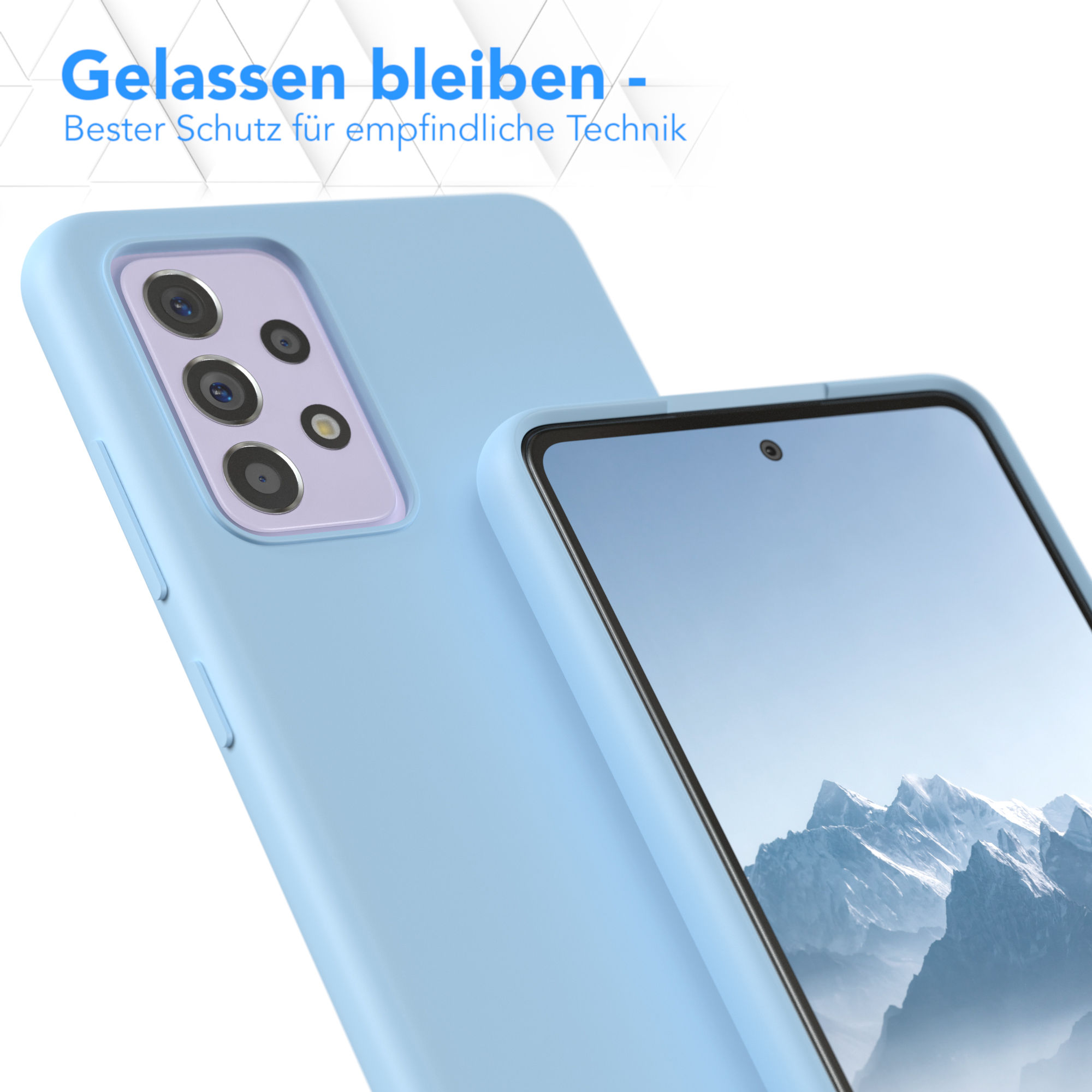 Eine hellblaue Handyhülle und ein Telefon auf weißem Hintergrund mit Text.
