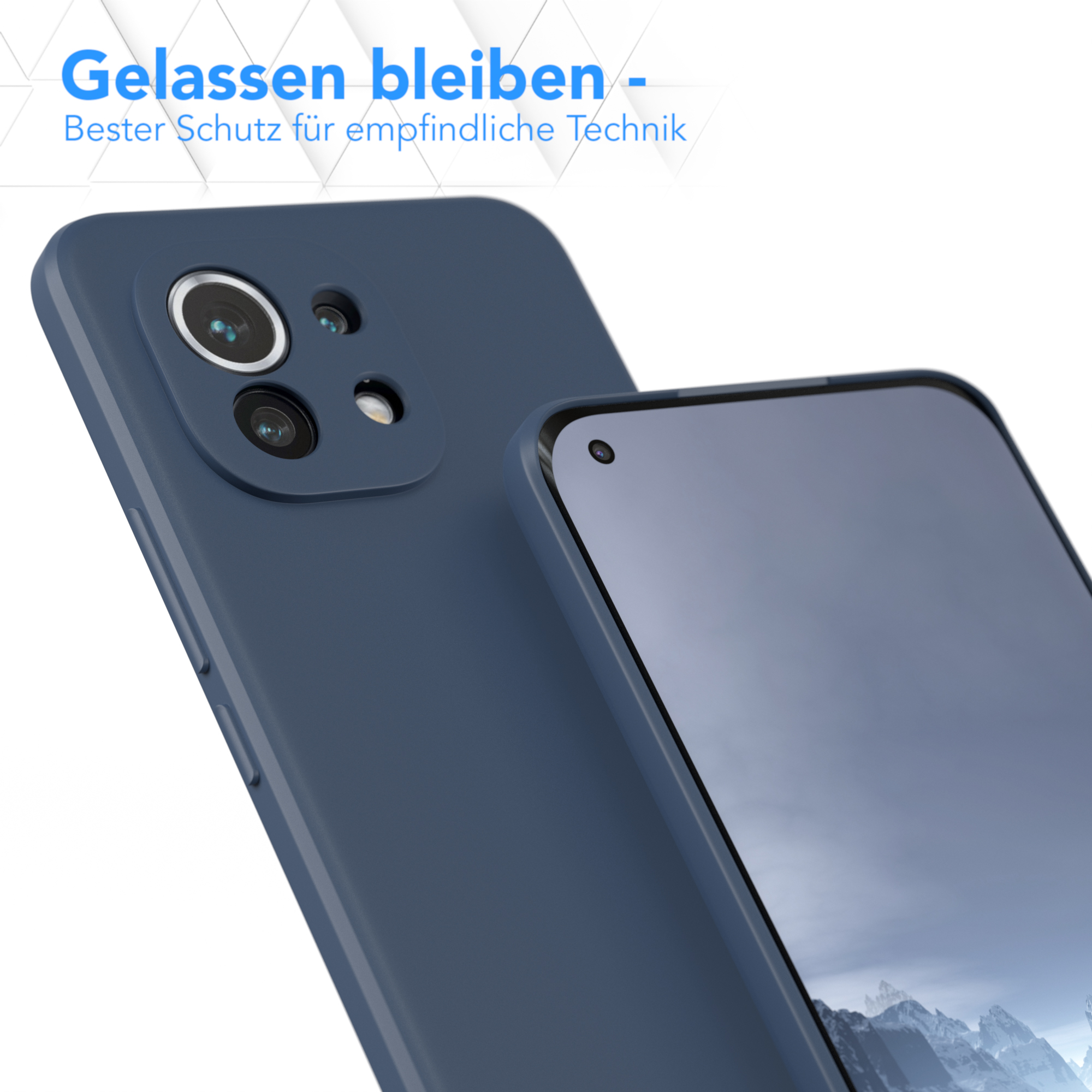 Blaue Handyhülle mit Telefon im Inneren. Das Bild hebt das Kameramodul und den Schutz hervor.