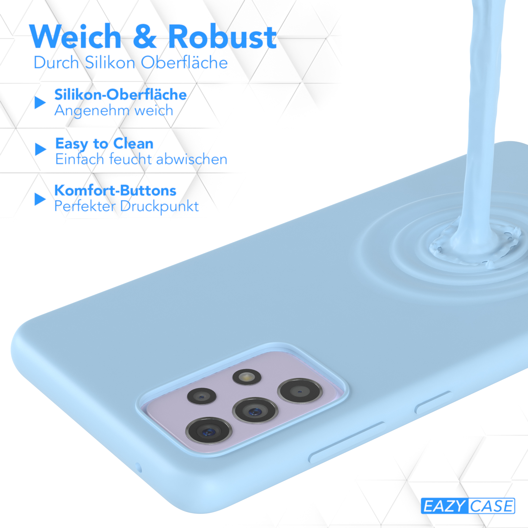 Eine blaue Handyhülle mit Wasser, das darauf gegossen wird. Zeigt die weiche Oberfläche und Tasten.