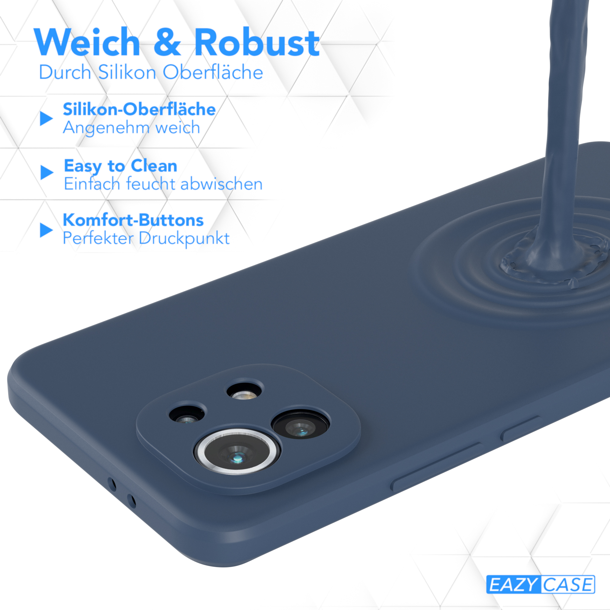 Eine blaue Handyhülle mit einem Telefon darin. Die Rückseite der Hülle ist sichtbar und zeigt die Kamera und die Tasten.