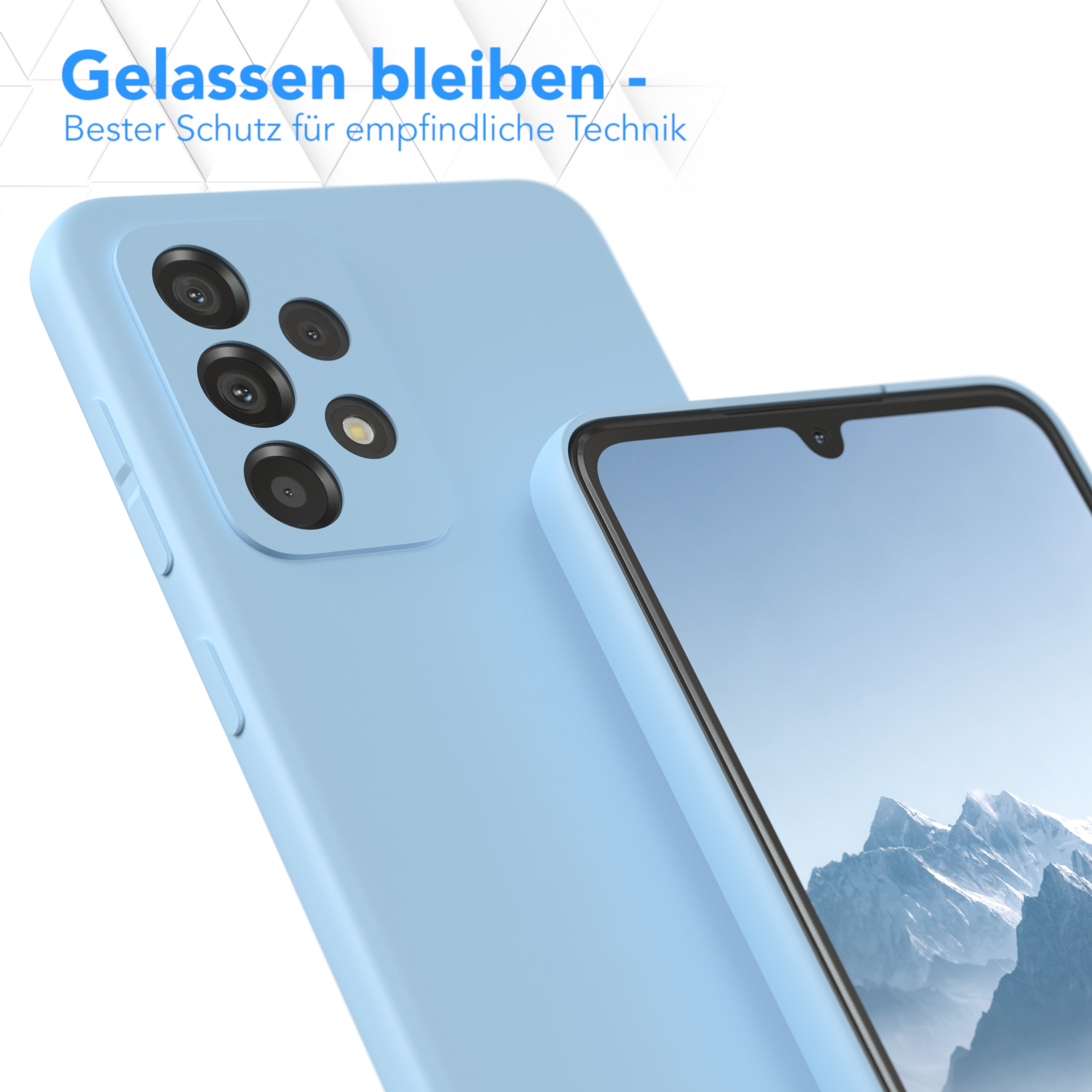 Hellblaue Handyhülle und ein Handy mit einem Bildschirm, der Berge zeigt.