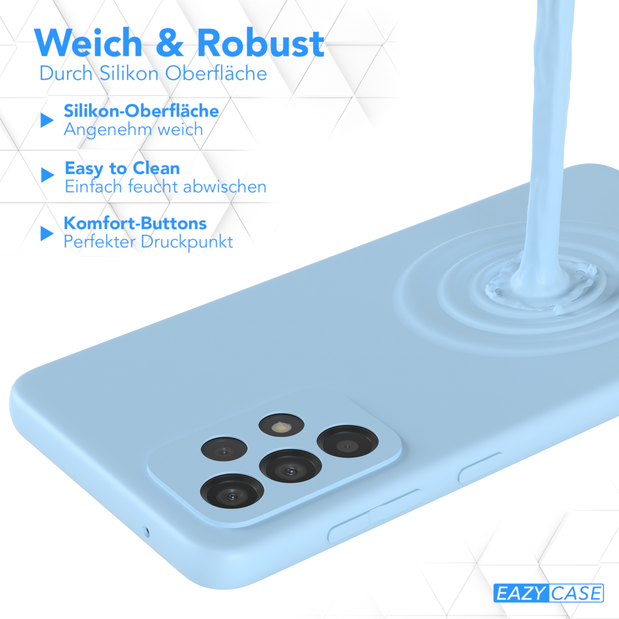 Eine blaue Handyhülle, auf die Wasser gegossen wird. Text sagt 'Weich & Robust', 'Leicht zu reinigen'.