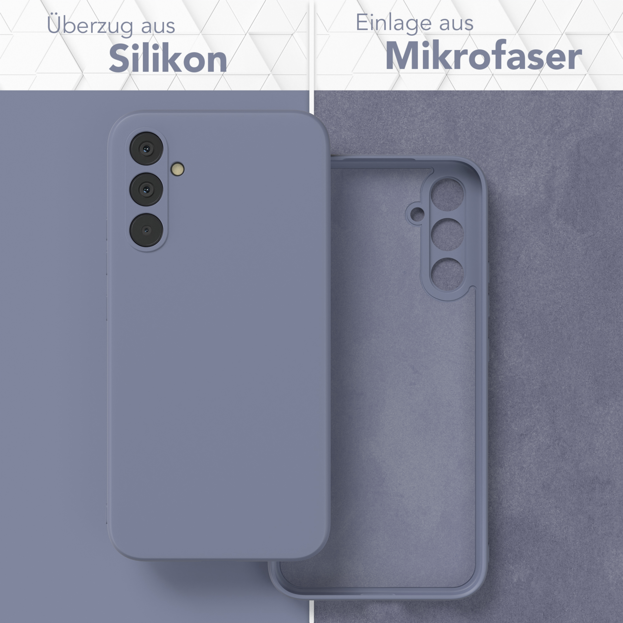Handyhülle mit Silikonaußenseite und Mikrofaserinnenseite. Die Handyhülle ist in zwei Teile geteilt.