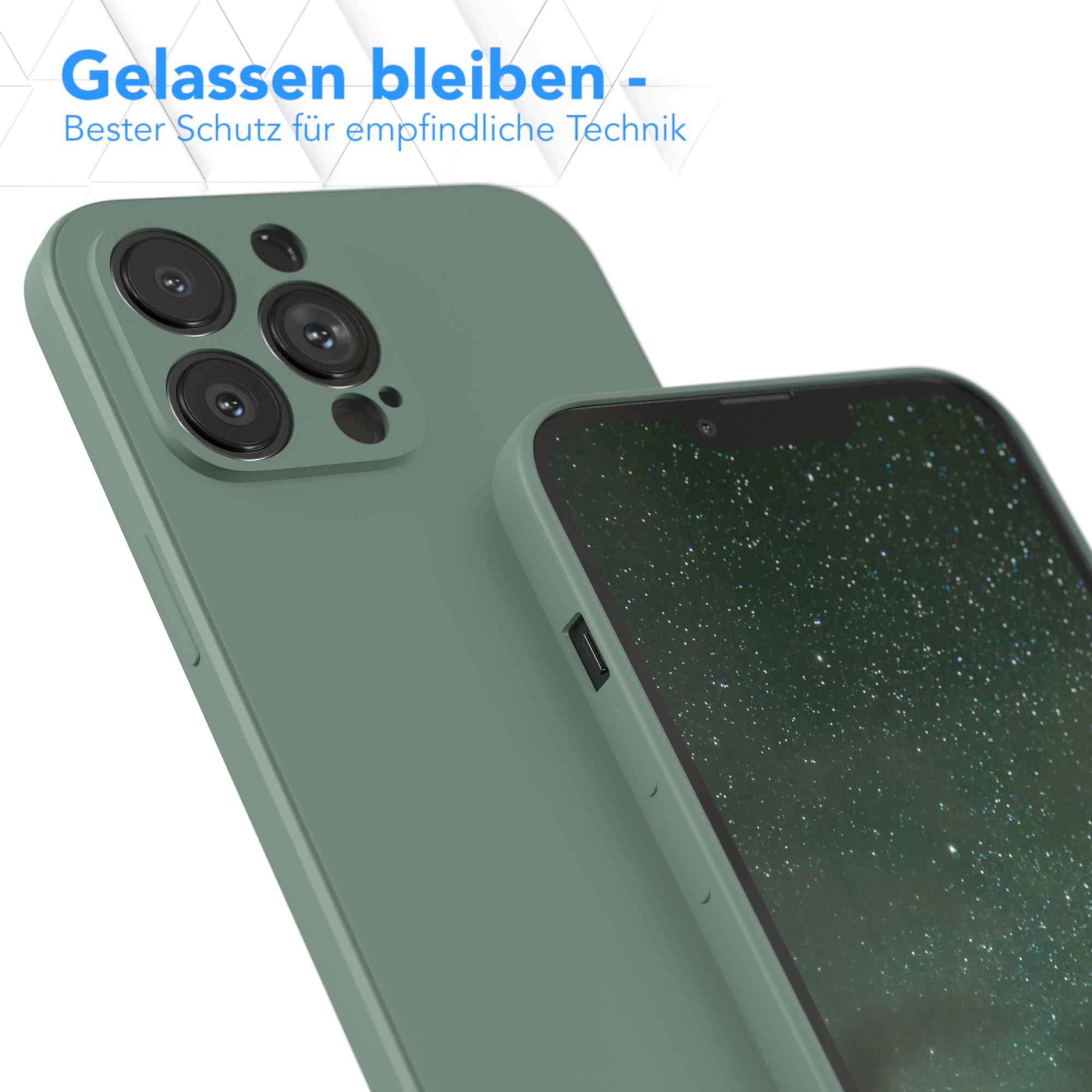 Grüne Handyhülle mit Telefon, links eine hellgrüne Hülle.