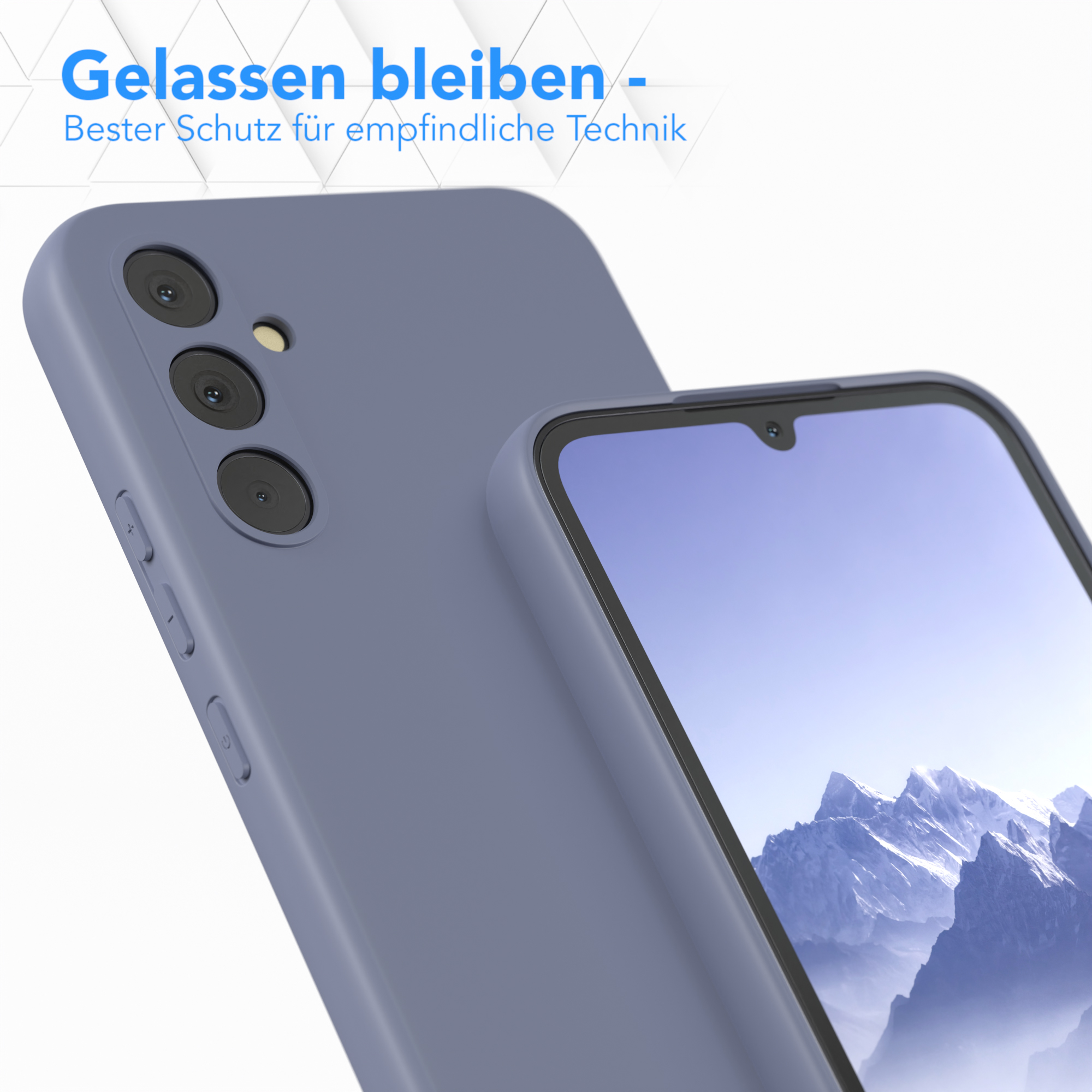 Blaue Handyhülle mit Telefon, Nahaufnahme. Text: 'Gelassen bleiben - Bester Schutz'. Weißer Hintergrund.