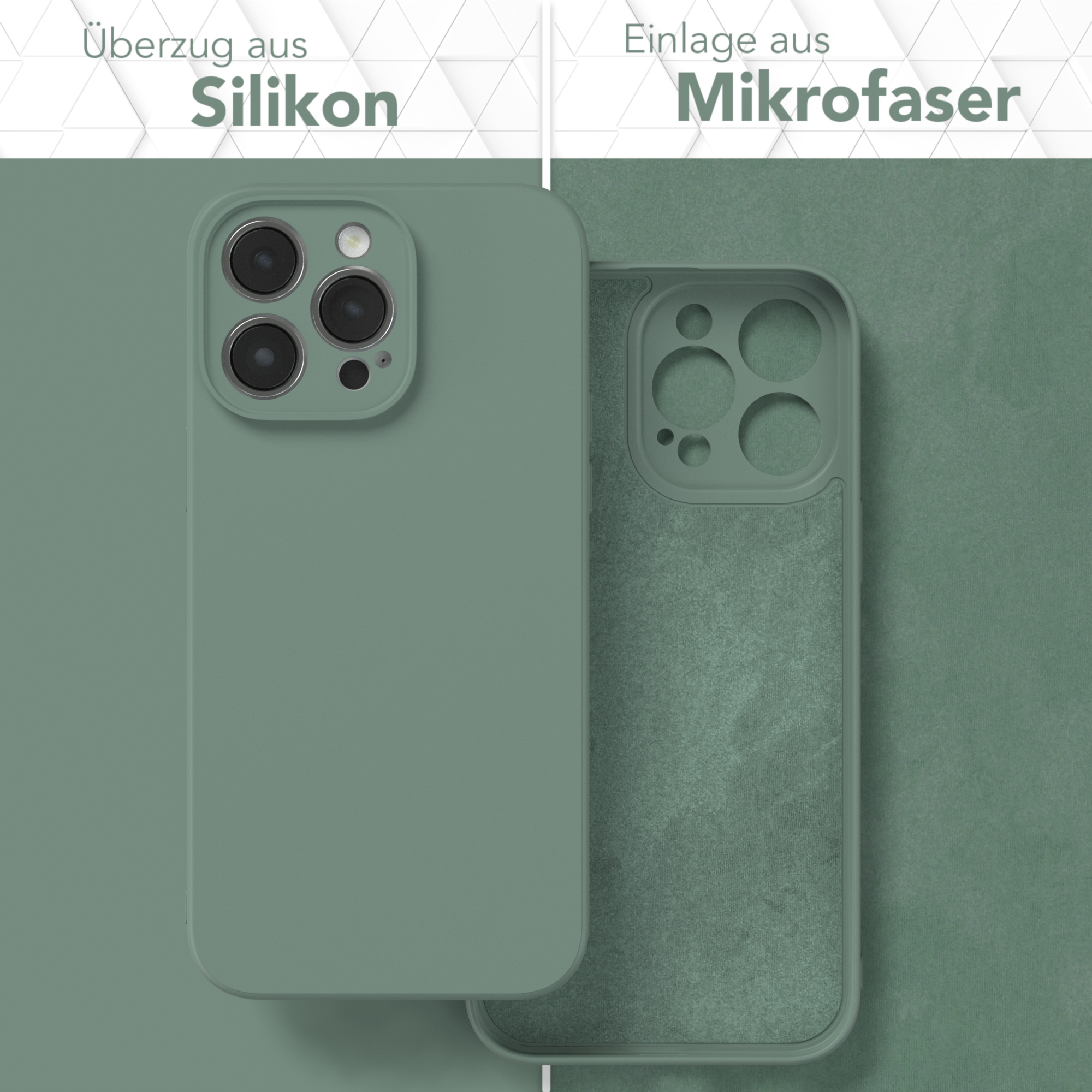 Grüne Handyhülle mit Silikonhülle und Mikrofaser-Innenraum, neben einer anderen Hülle.