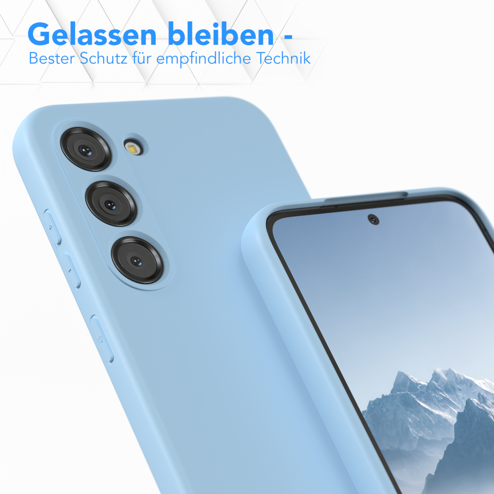 Zwei Handyhüllen, eine blaue, eine hellblaue, die einen Telefonbildschirm zeigen.