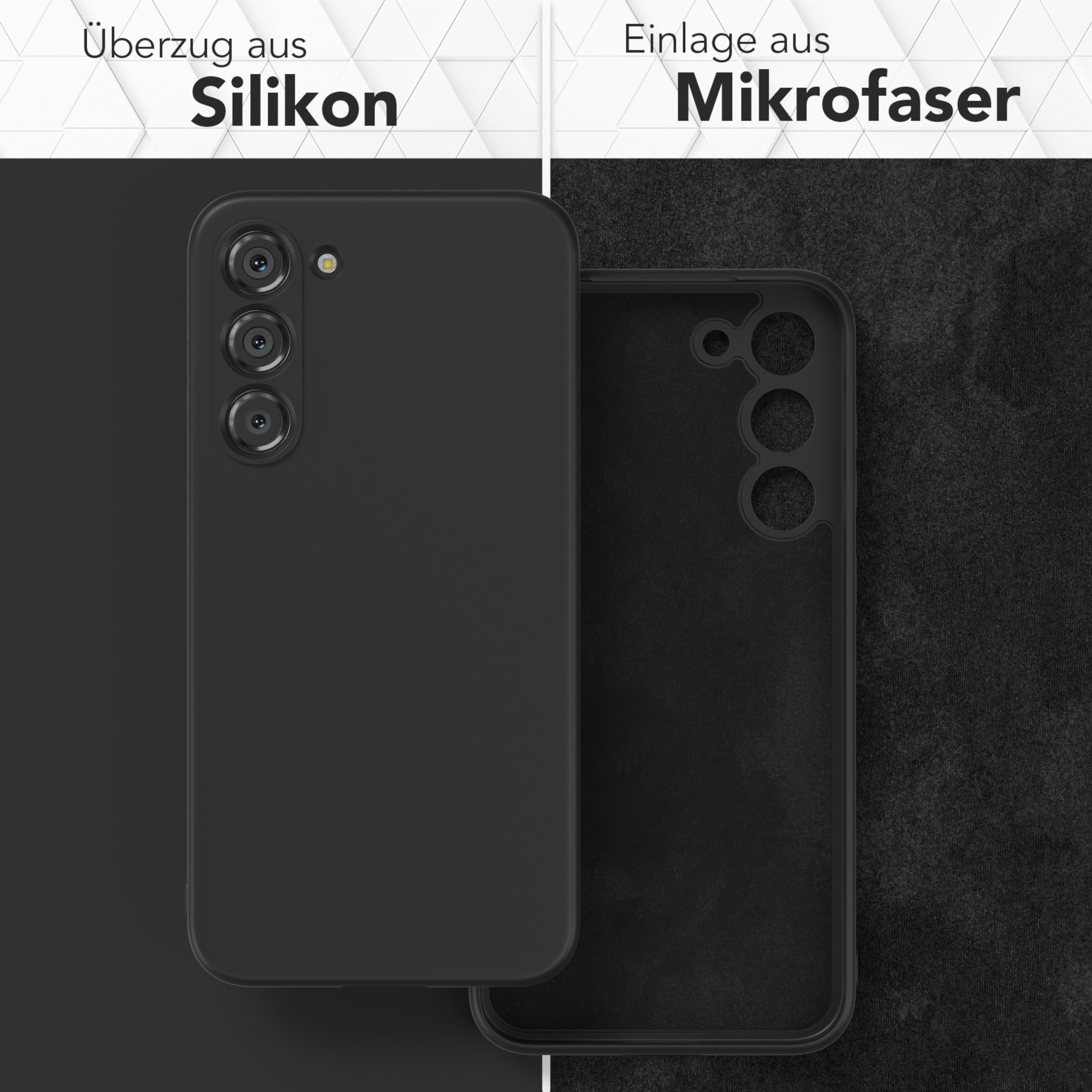 Schwarze Handyhülle und ihr Inneres auf dunklem Hintergrund, mit Text.