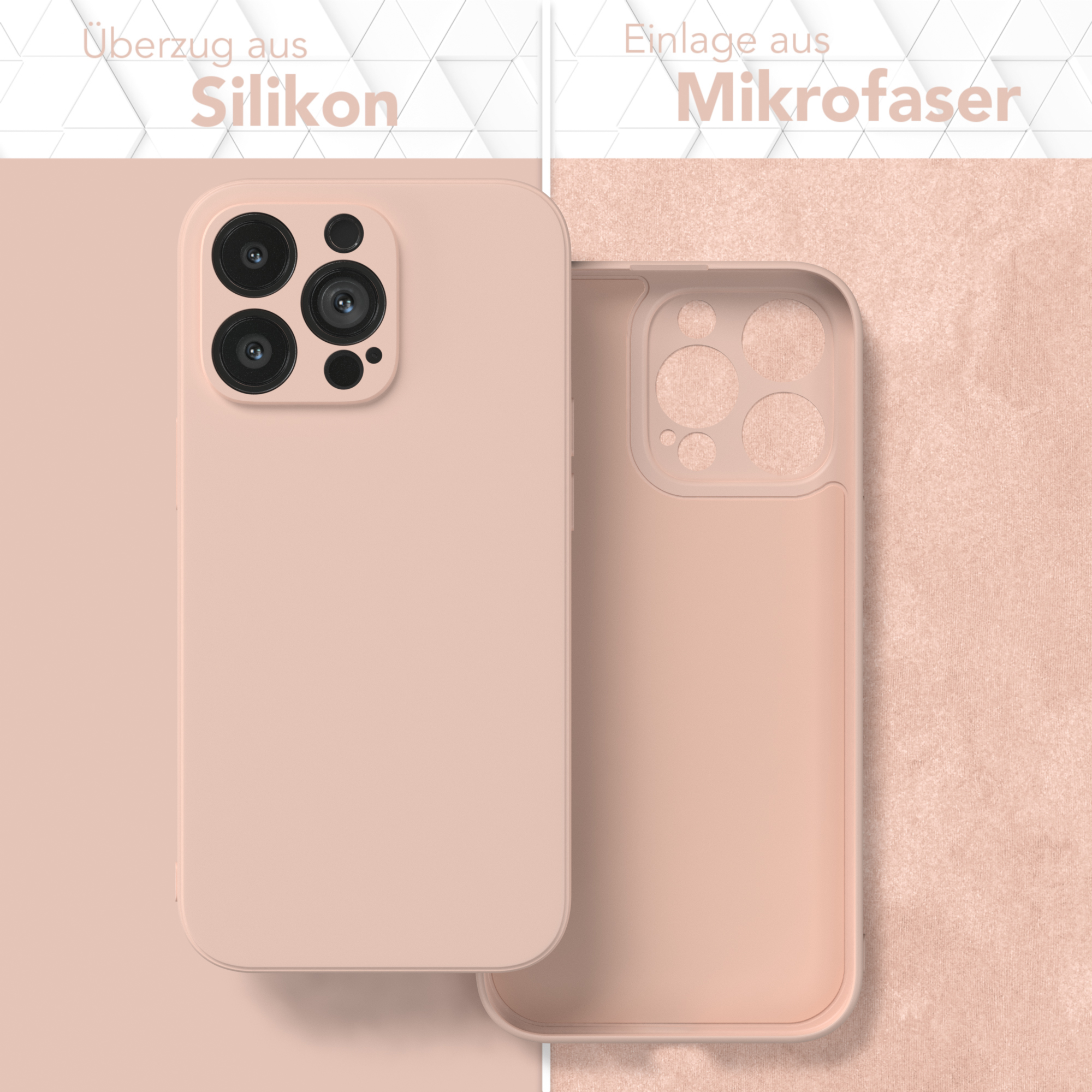 Zwei beige Handyhüllen mit unterschiedlichen Innenfarben und Texturen.