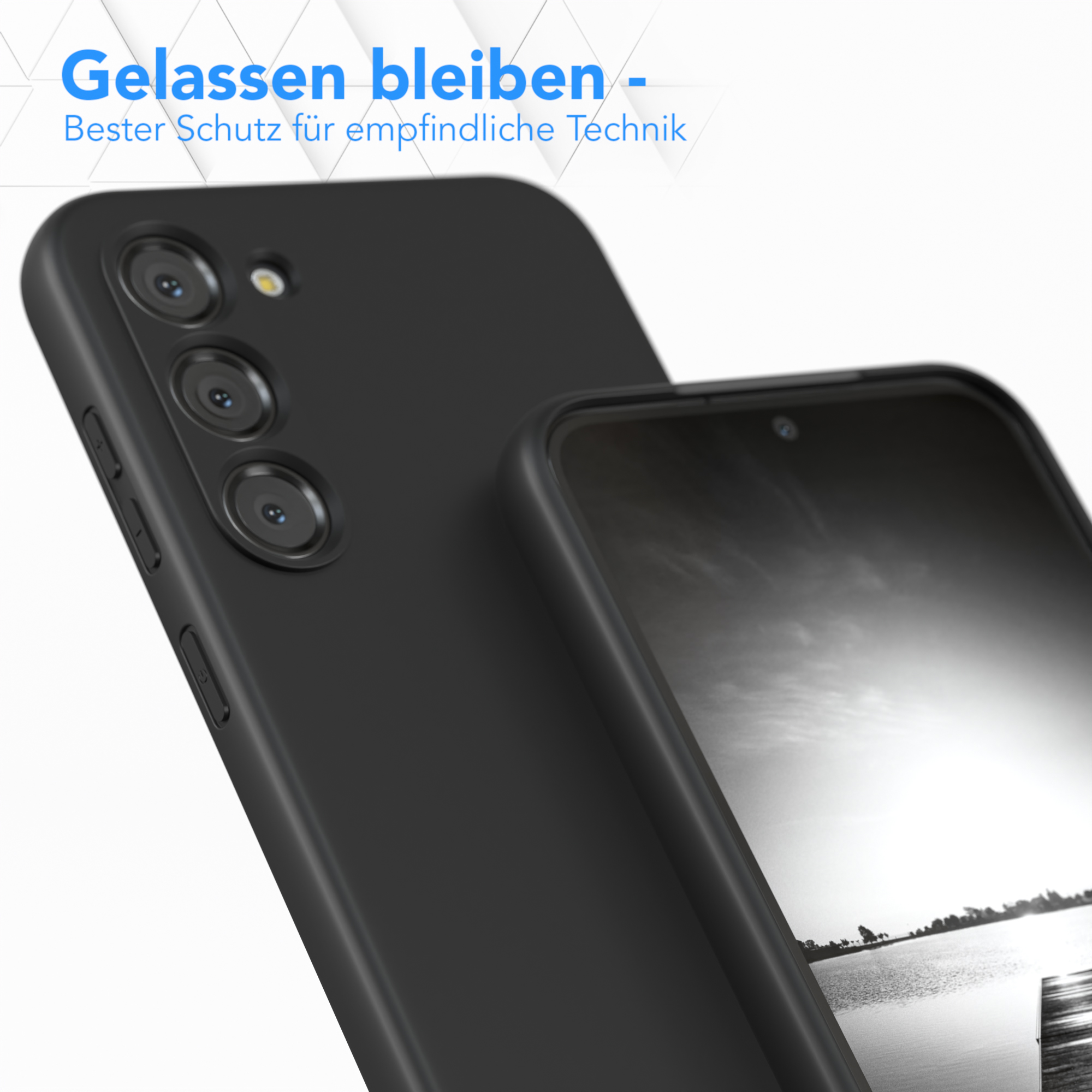 Nahaufnahme einer schwarzen Handyhülle mit einem Telefonbildschirm im Inneren.