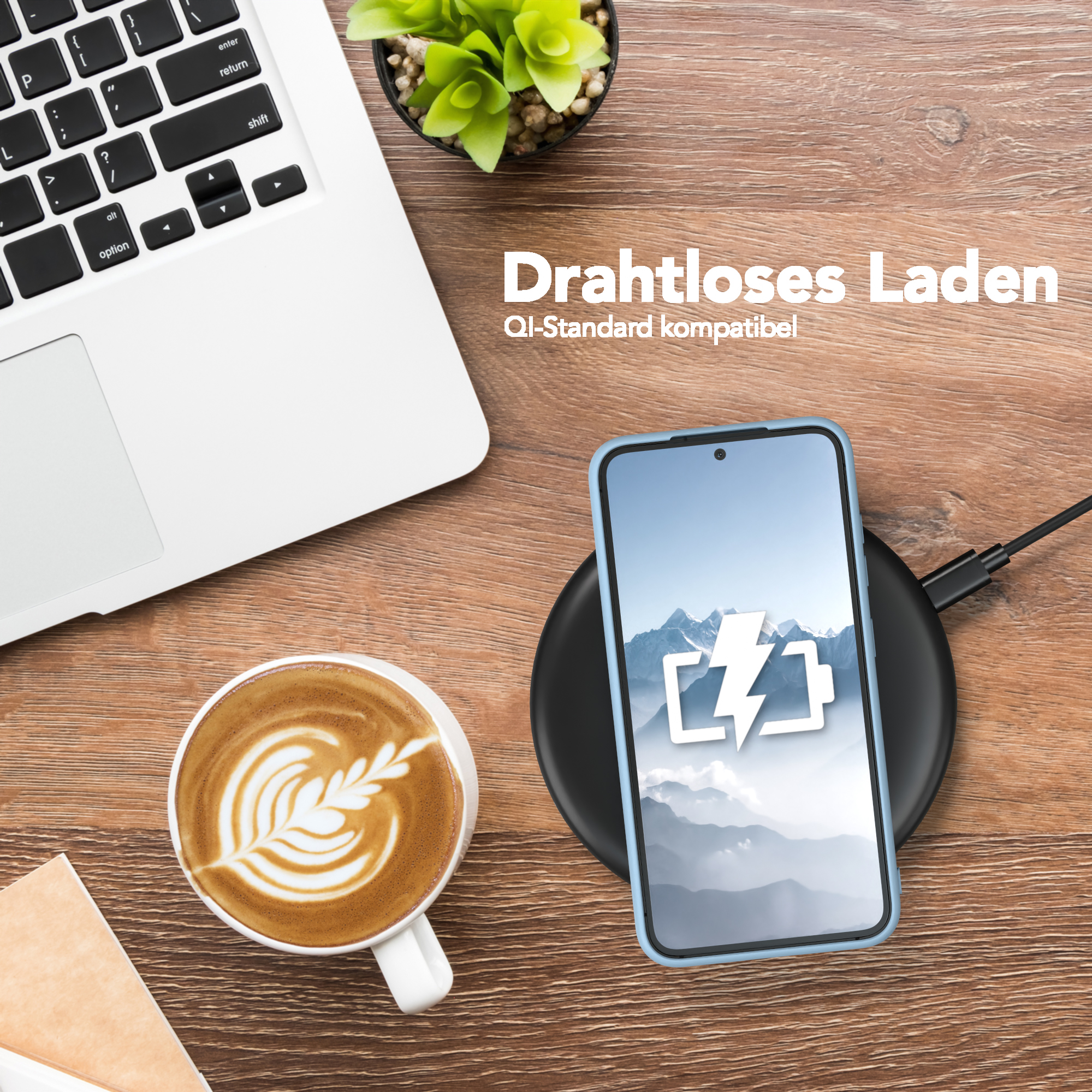 Telefon auf kabellosem Ladegerät neben Laptop und Kaffee. Text: 'Drahtloses Laden'.