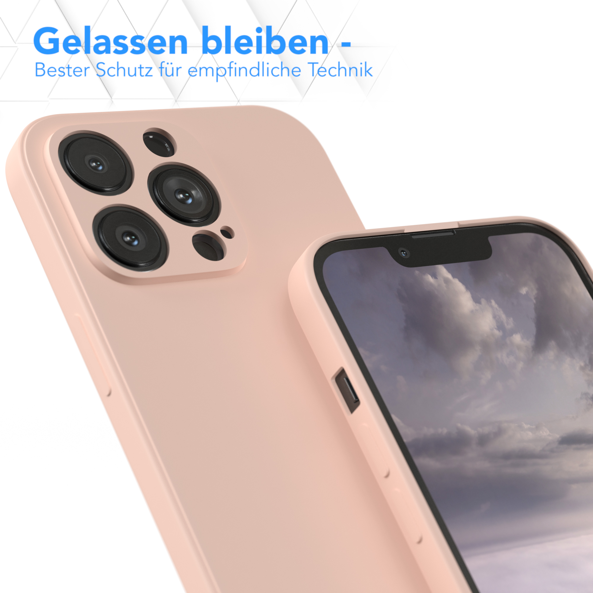 Rosa Handyhülle auf weißem Hintergrund. Ein Telefonbildschirm ist sichtbar.