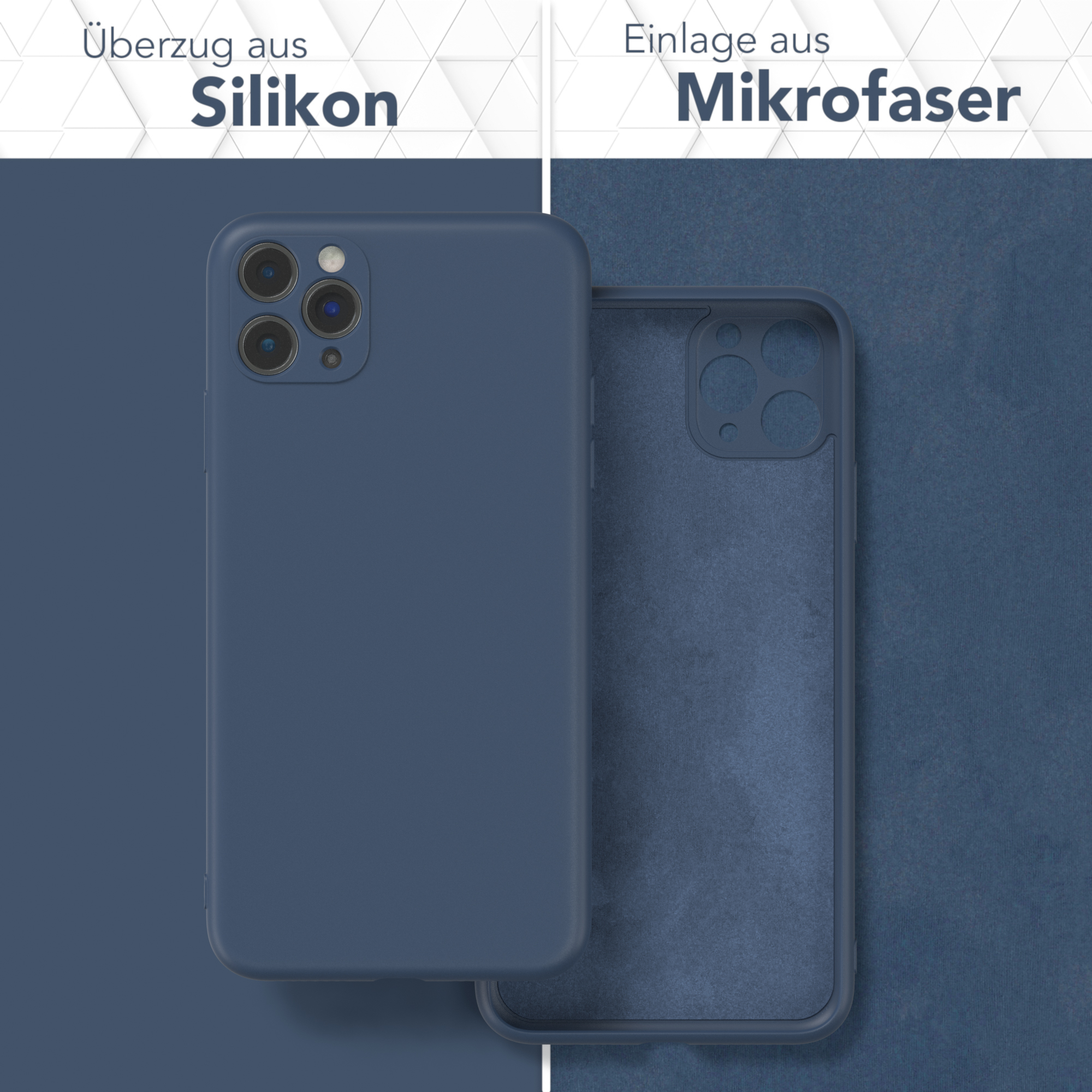 Eine Handyhülle mit blauem Silikon außen und Mikrofaser innen.