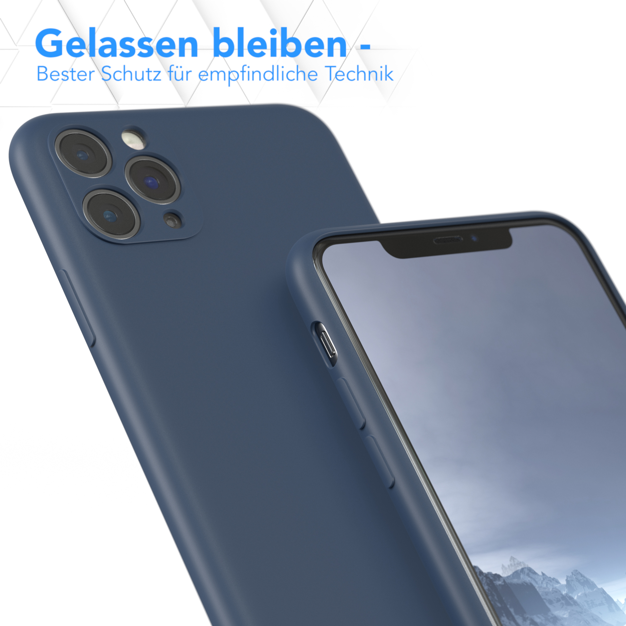 Blaue Handyhülle auf weißem Hintergrund. Ein Telefonbildschirm ist sichtbar.