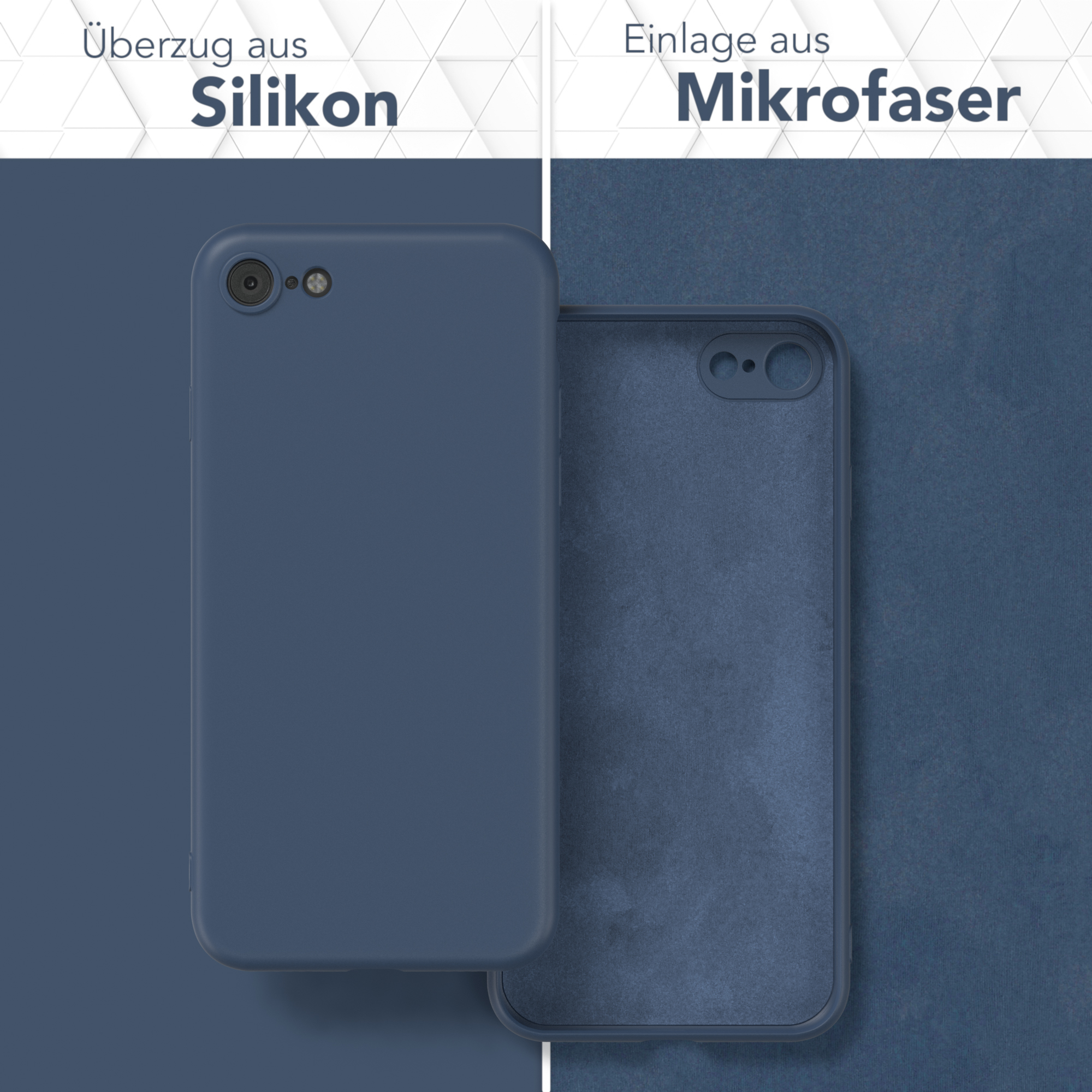 Dunkelblaue Handyhülle mit Silikon außen und Mikrofaser innen, auf blauem Hintergrund.