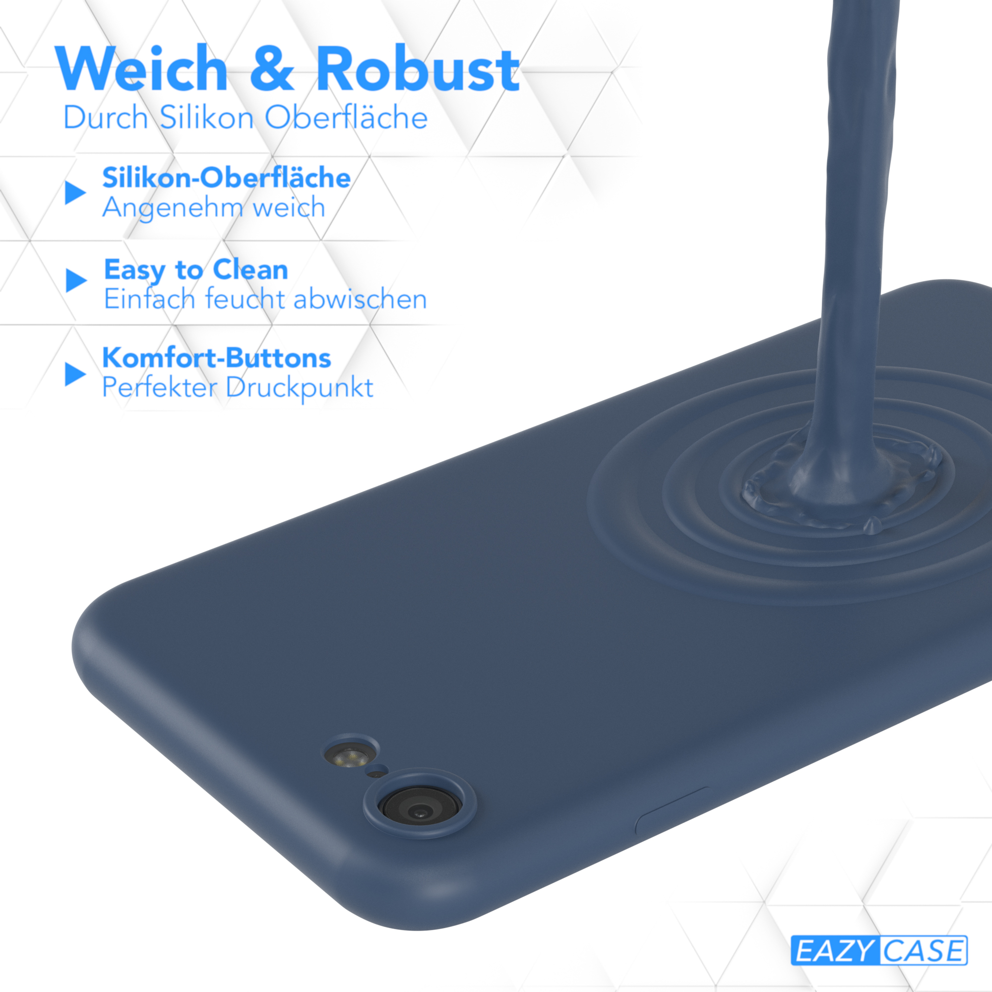 Blaue Handyhülle mit einer blauen Flüssigkeit, die darauf gegossen wird. Auf der Hülle steht 'EAZY CASE'.
