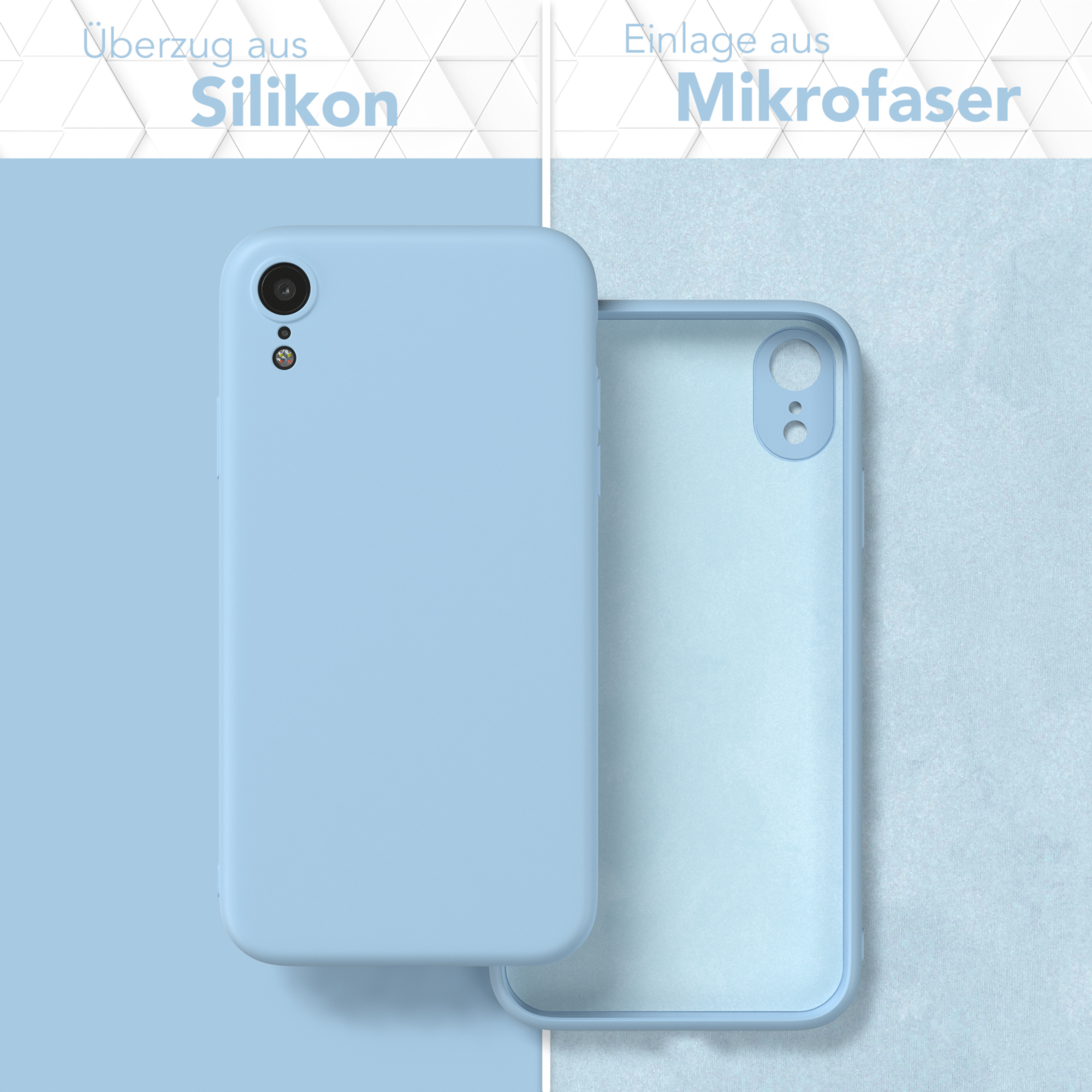 Hellblaue Handyhülle mit separater transparenter Hülle. Text: Silikonhülle, Mikrofaser-Einsatz.