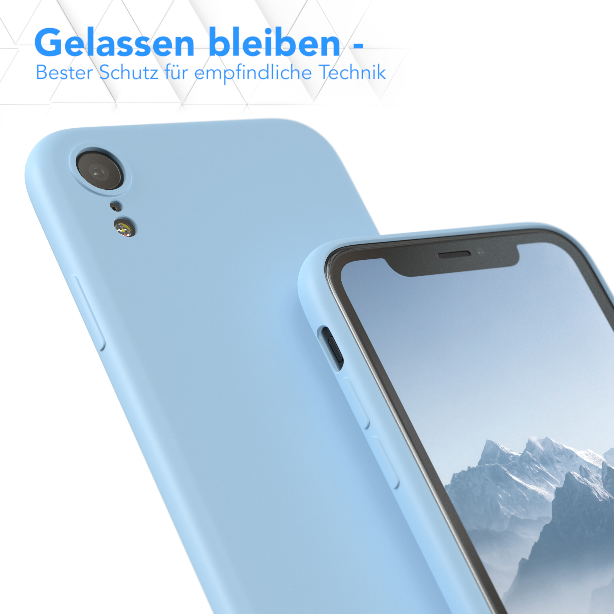 Zwei hellblaue Handyhüllen, eine bedeckt ein Telefon mit Bildschirm.
