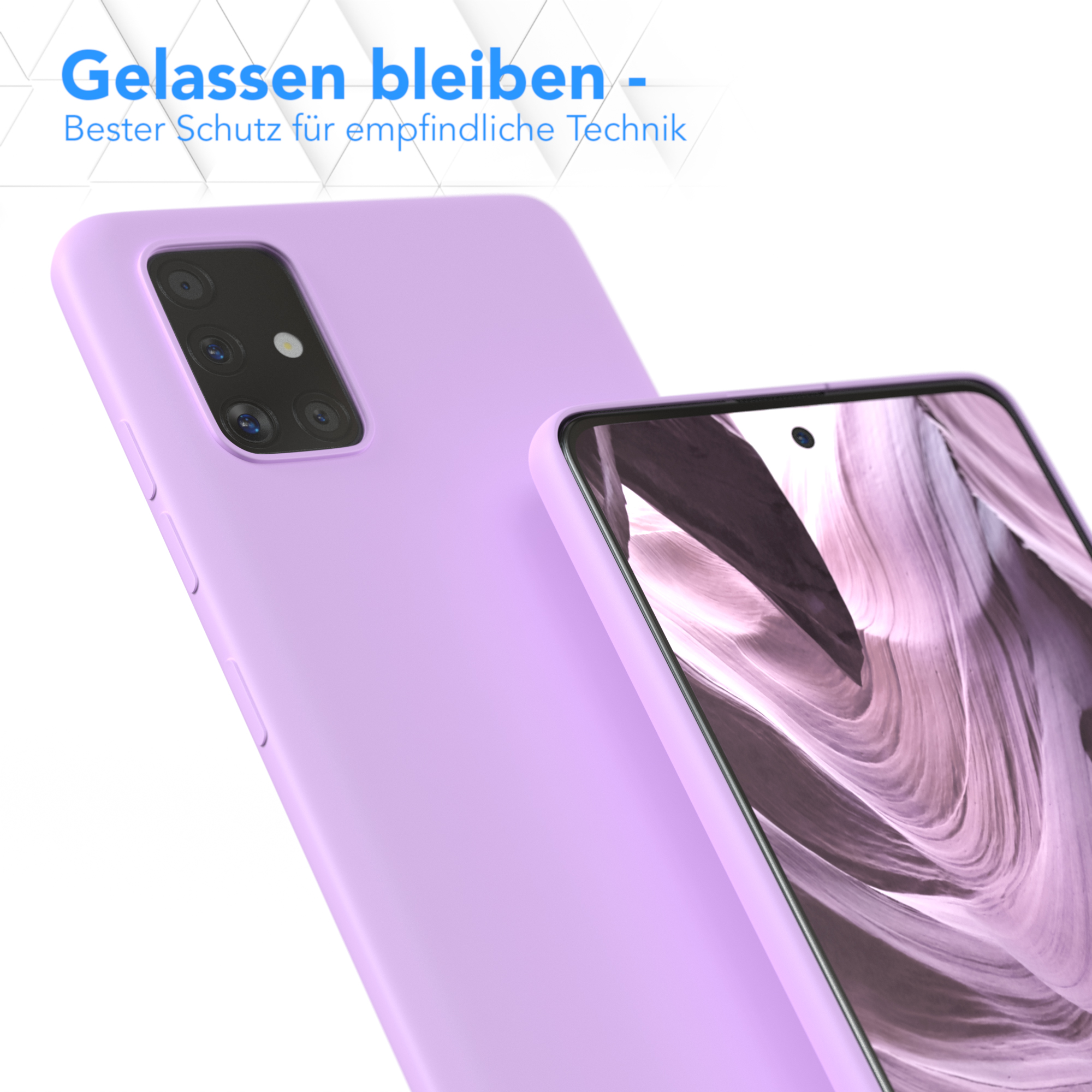 Eine lila Handyhülle mit Telefon. Das Telefon hat eine Kamera. Text weist auf Schutz hin.