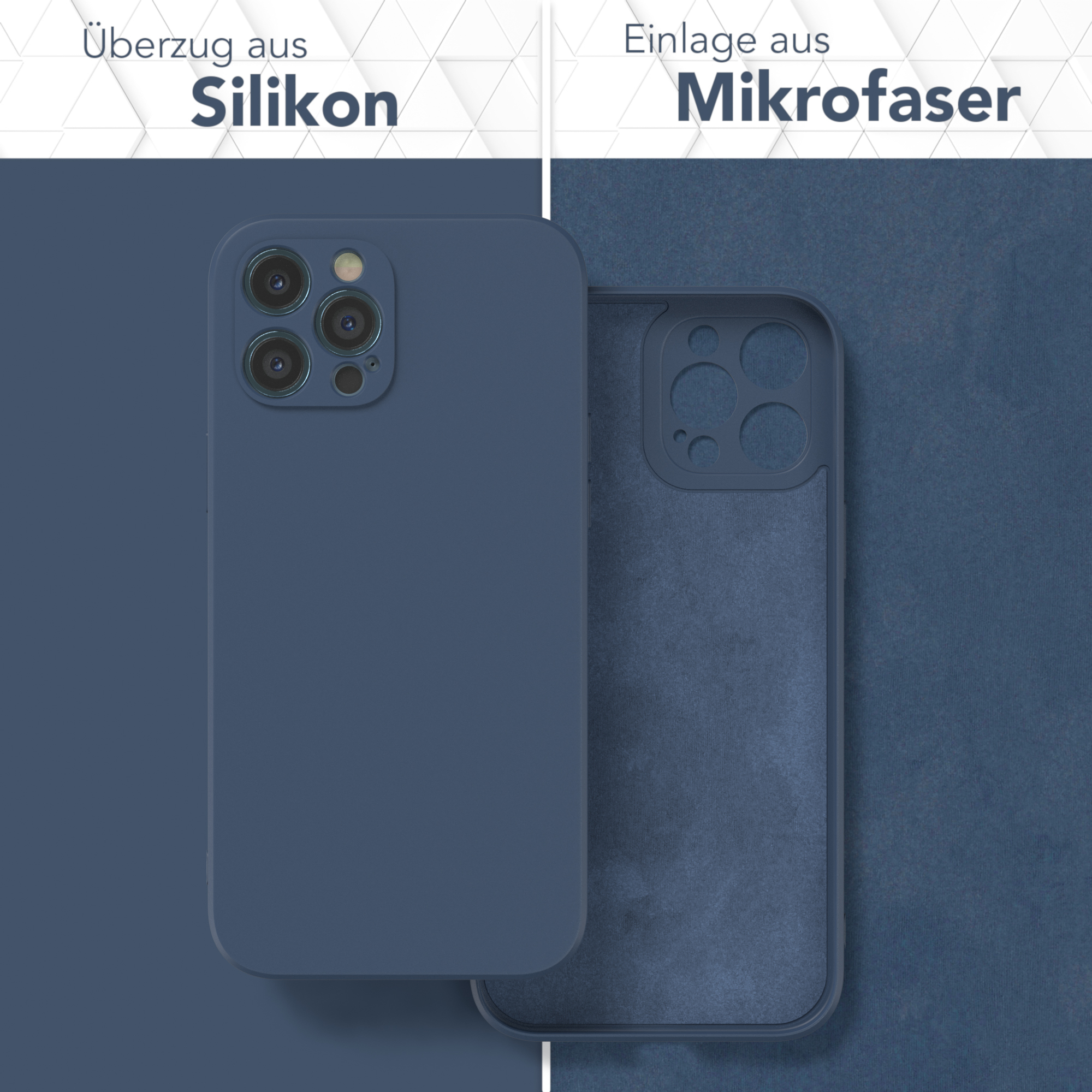 Zwei Handyhüllen. Eine blau, eine rosa. Jede zeigt das Außen- und Innenmaterial mit deutschem Text.