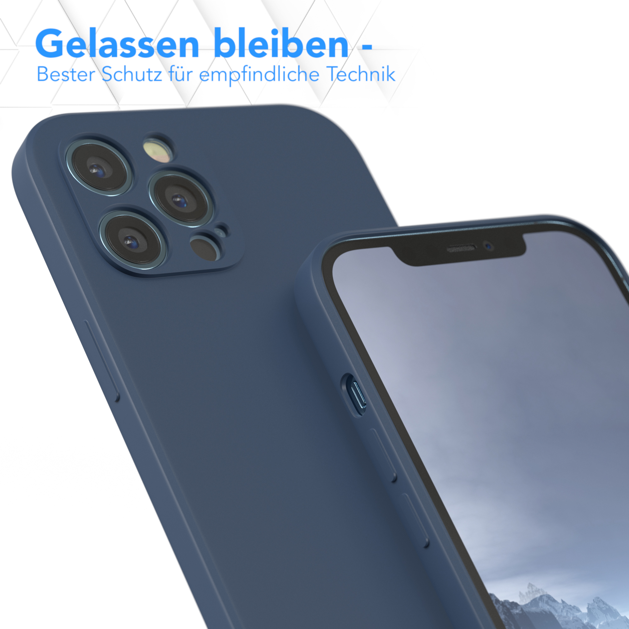 Blaue Handyhülle mit vier Kameralinsen. Weißer Hintergrund.