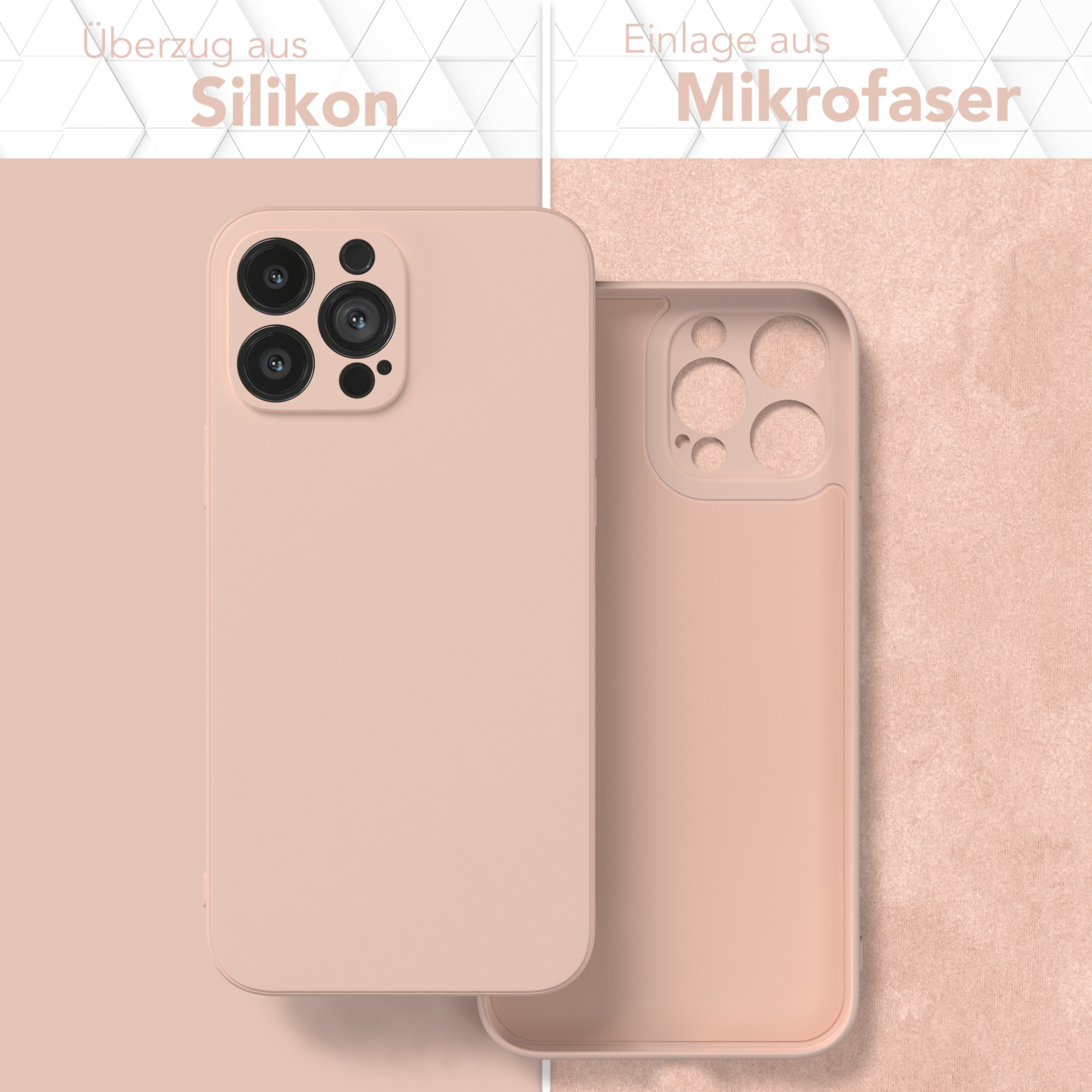 Zwei Handyhüllen, eine zusammengebaut, eine zerlegt, in Pfirsichfarbe. Text zeigt Silikon und Mikrofaser.