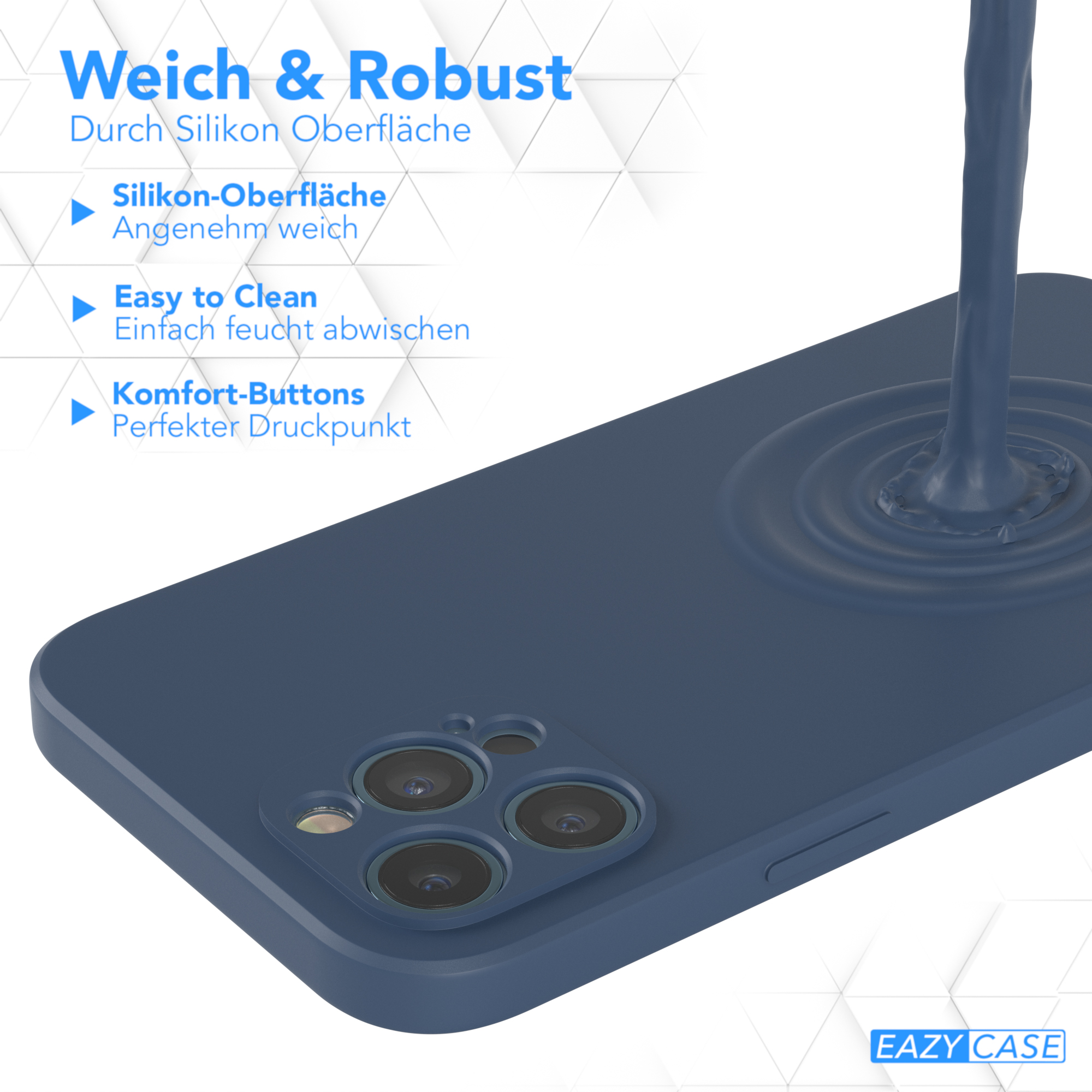 Blaue Handyhülle mit Wassereffekt. Text: Weich & Robust, Easy to clean, Komfort-Buttons.