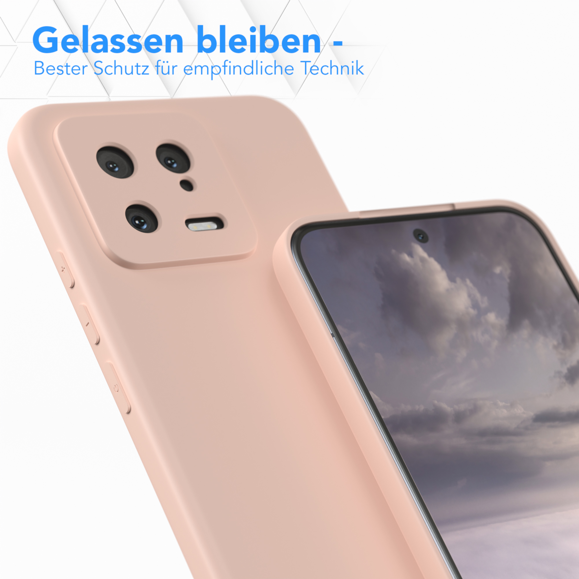 Eine rosa Handyhülle um ein Telefon. Das Telefon zeigt eine Landschaft.