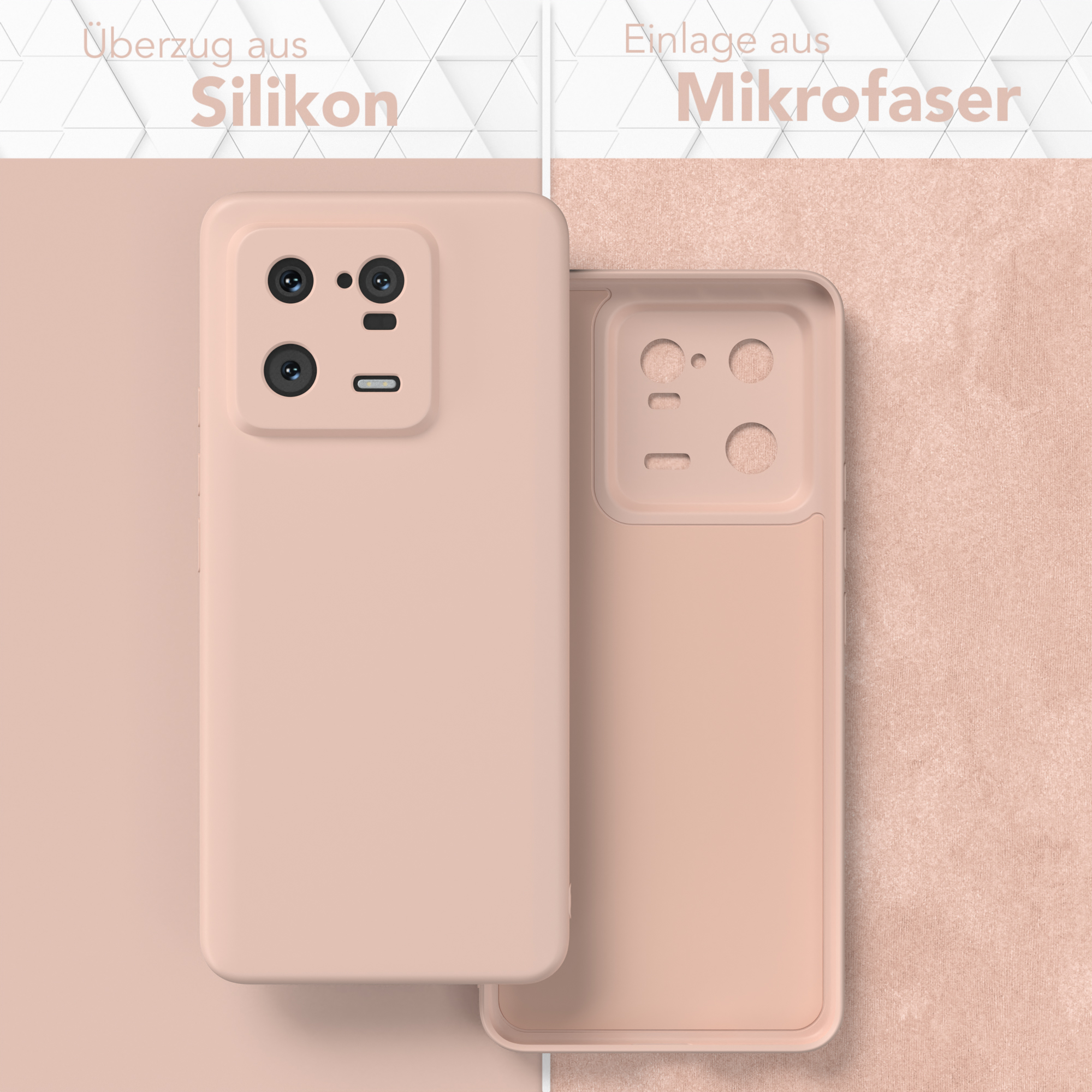 Zwei Handyhüllen, eine montiert, in hellrosa Farbe. Text auf Deutsch, 'Silikon' und 'Mikrofaser'.